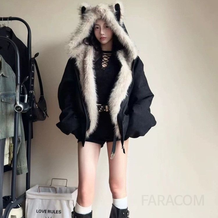 여성 겨울 루즈핏 동물귀 후드 패딩 재킷 따뜻한 데일리 아우터 캐주얼 집업 숏 코트 - 상세 이미지 2
