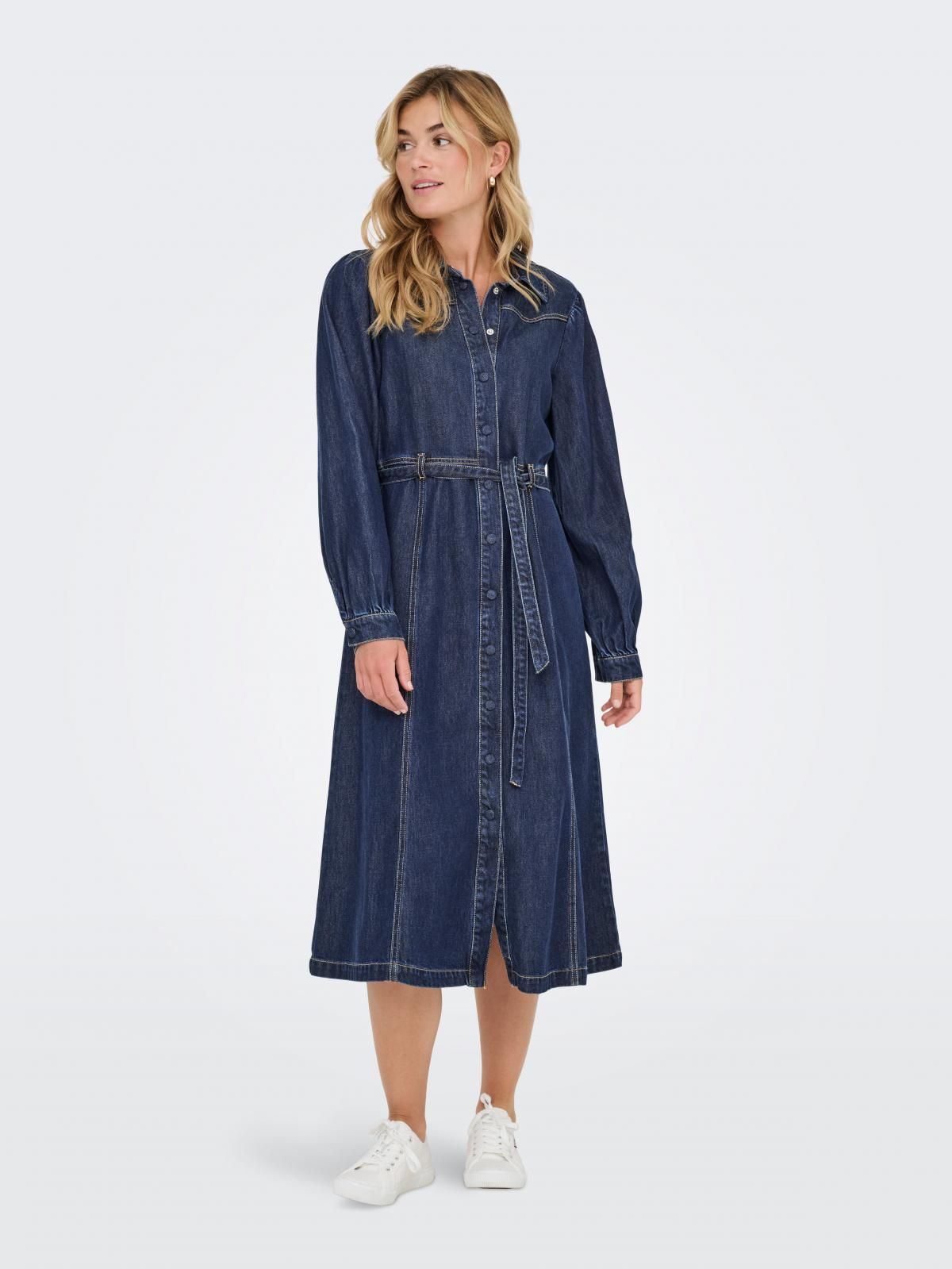 온리 데님 셔츠 롱 원피스 벨트 퍼프소매 15352413_2114 BLUE / DARK BLUE DENIM - 상세 이미지 5