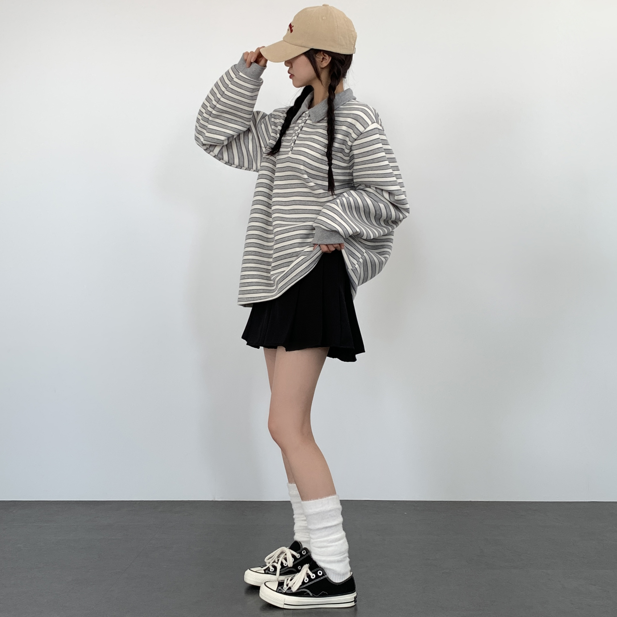 여성 가을 카라 긴팔티 오버핏 빅사이즈 단가라 남녀공용 레이어드 박스티 이미지 8