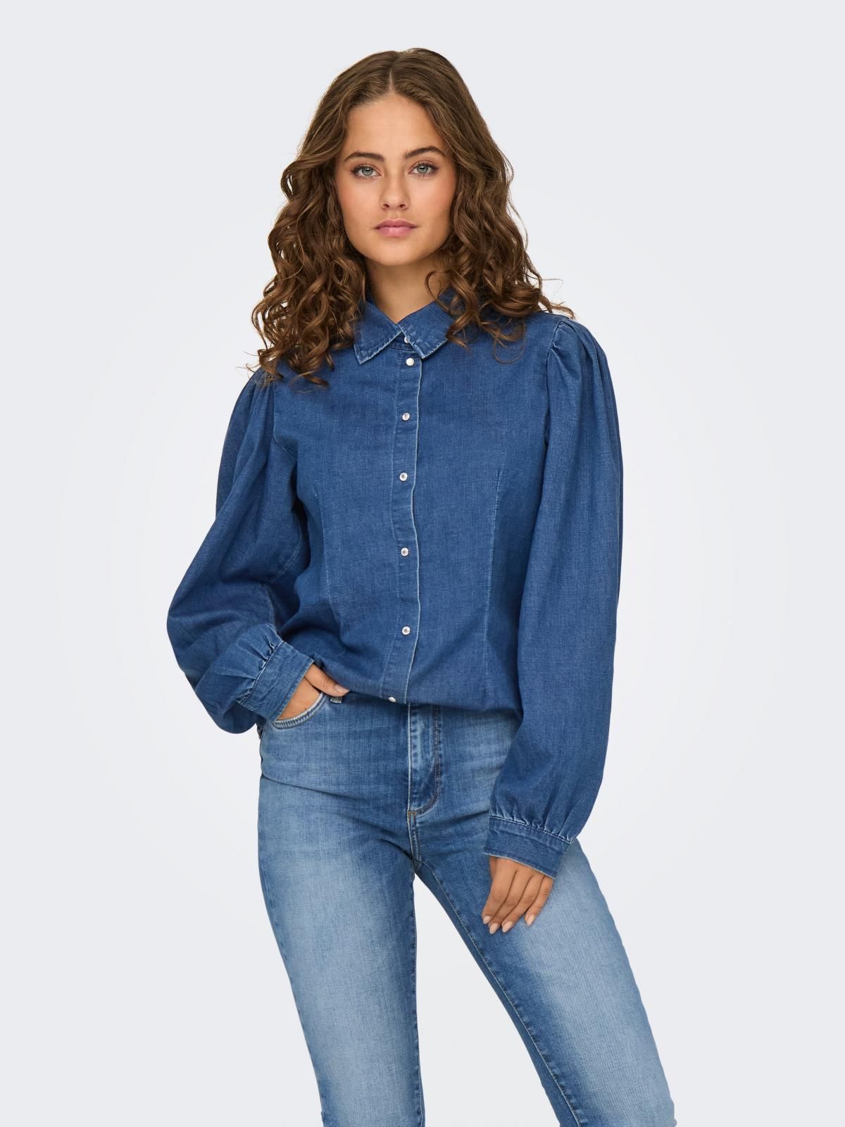 온리 트렌디 데님 퍼프슬리브 긴팔 셔츠 15300527_2115 BLUE / MEDIUM BLUE DENIM - 메인 이미지