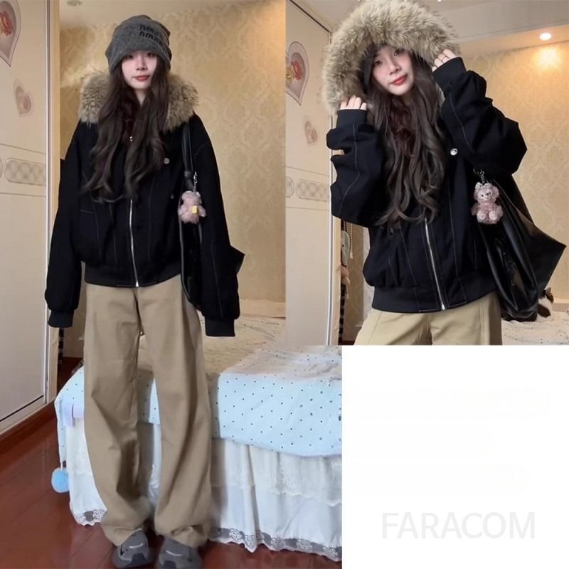 여성 루즈핏 오버핏 인조퍼 후드 지퍼 여밈 롱슬리브 도톰한 보온성 겨울 패딩 점퍼 아우터 캐주얼 데일리룩 - 상세 이미지 5