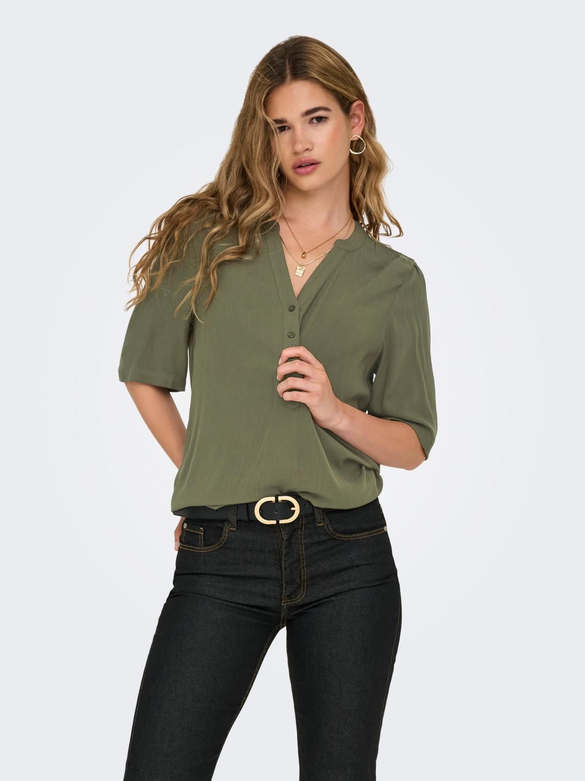 온리 비스코스 브이넥 볼륨소매 블라우스 15348612_1927 GREEN / GRAPE LEAF - 상품 이미지