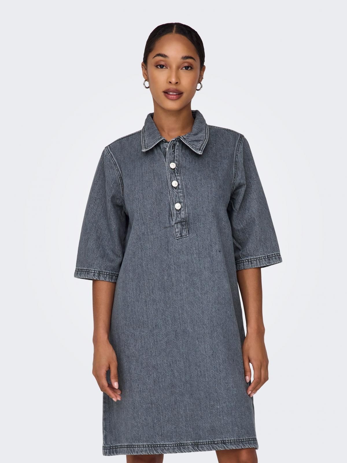 온리 데님 카라 반팔 버튼업 미니 원피스 15335635_3601 GREY / GREY DENIM - 상품 이미지