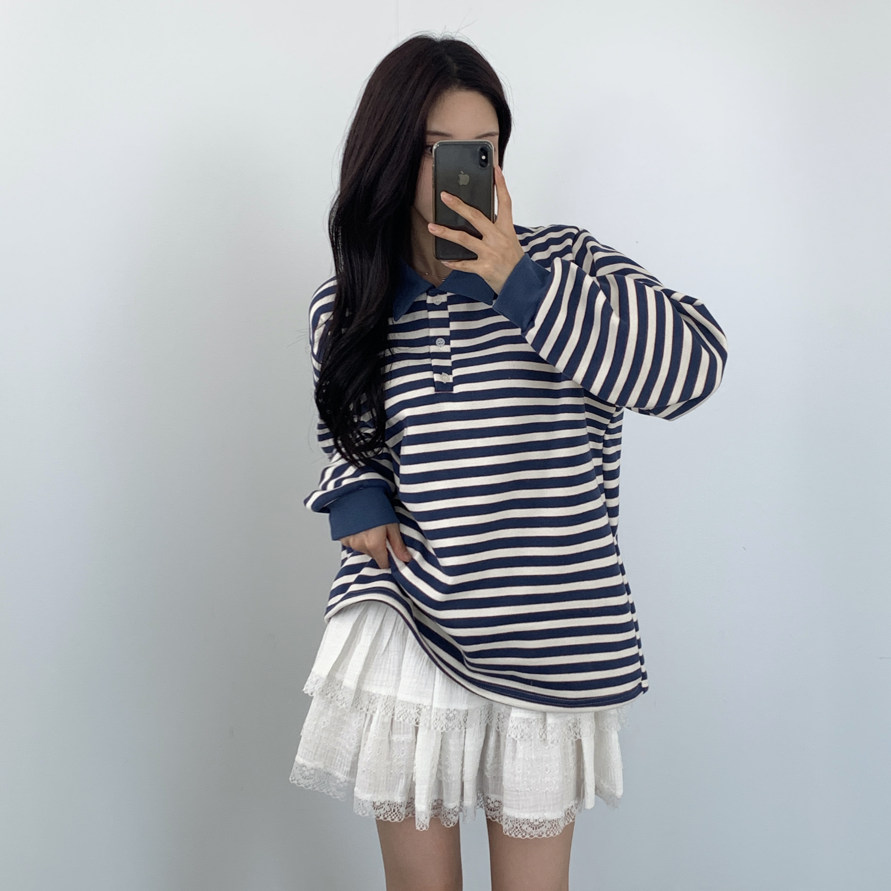 여성 가을 카라 긴팔티 오버핏 빅사이즈 단가라 남녀공용 레이어드 박스티 - 상세 이미지 2