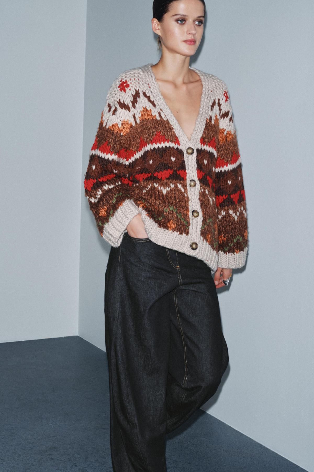 자라 페어아일 패턴 브이넥 니트 가디건 0021/106 BEIGE-BROWN - 상세 이미지 2