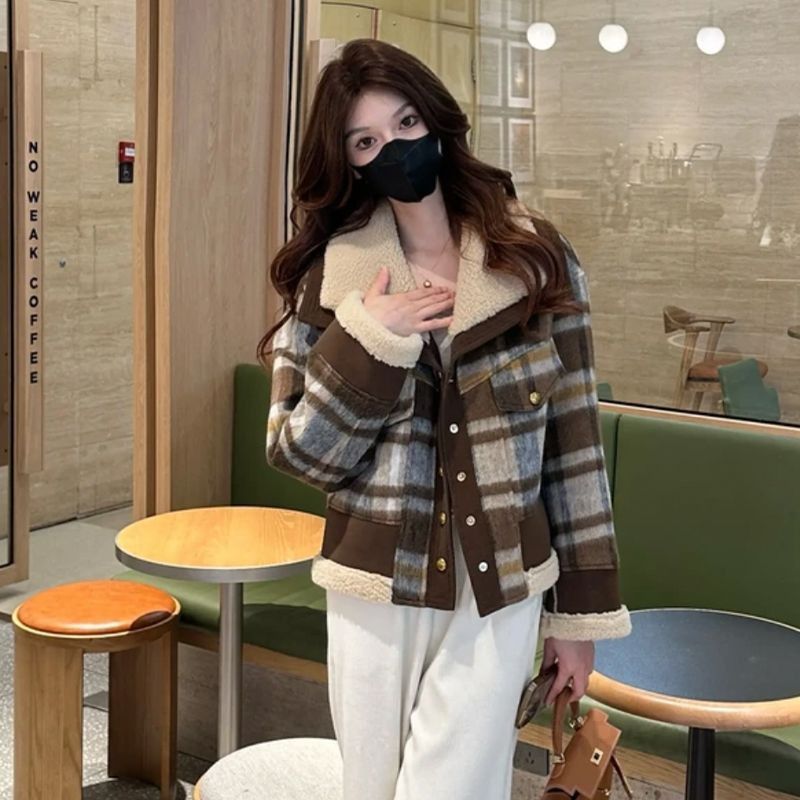 따뜻한 남녀공용 브라운 체크 뽀글이 카라 누빔 패딩 자켓 가을 겨울 캐주얼 아우터 점퍼 - 상세 이미지 3