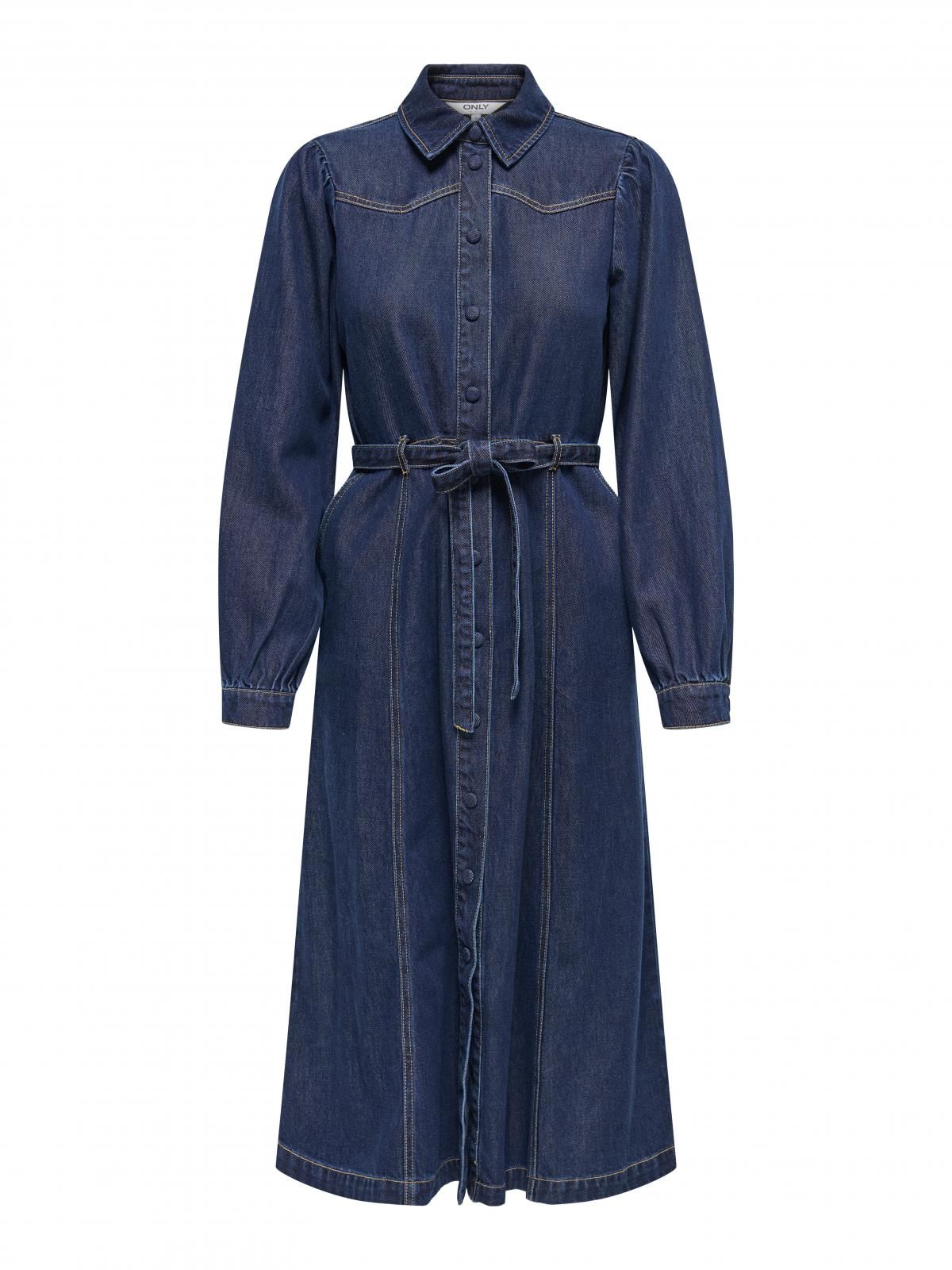 온리 데님 셔츠 롱 원피스 벨트 퍼프소매 15352413_2114 BLUE / DARK BLUE DENIM - 상세 이미지 3