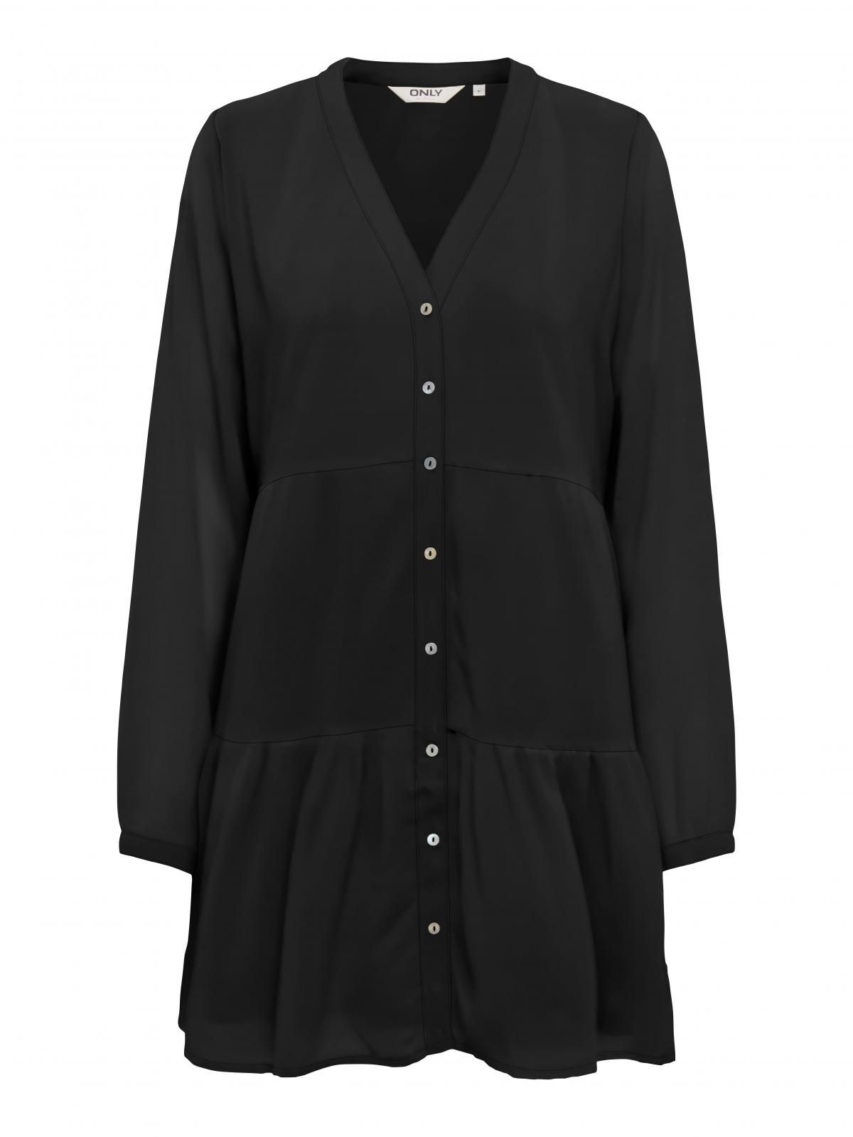 온리 베이직 셔링 브이넥 쉬폰 미니 원피스 15360377_2161 BLACK / BLACK - 상세 이미지 4