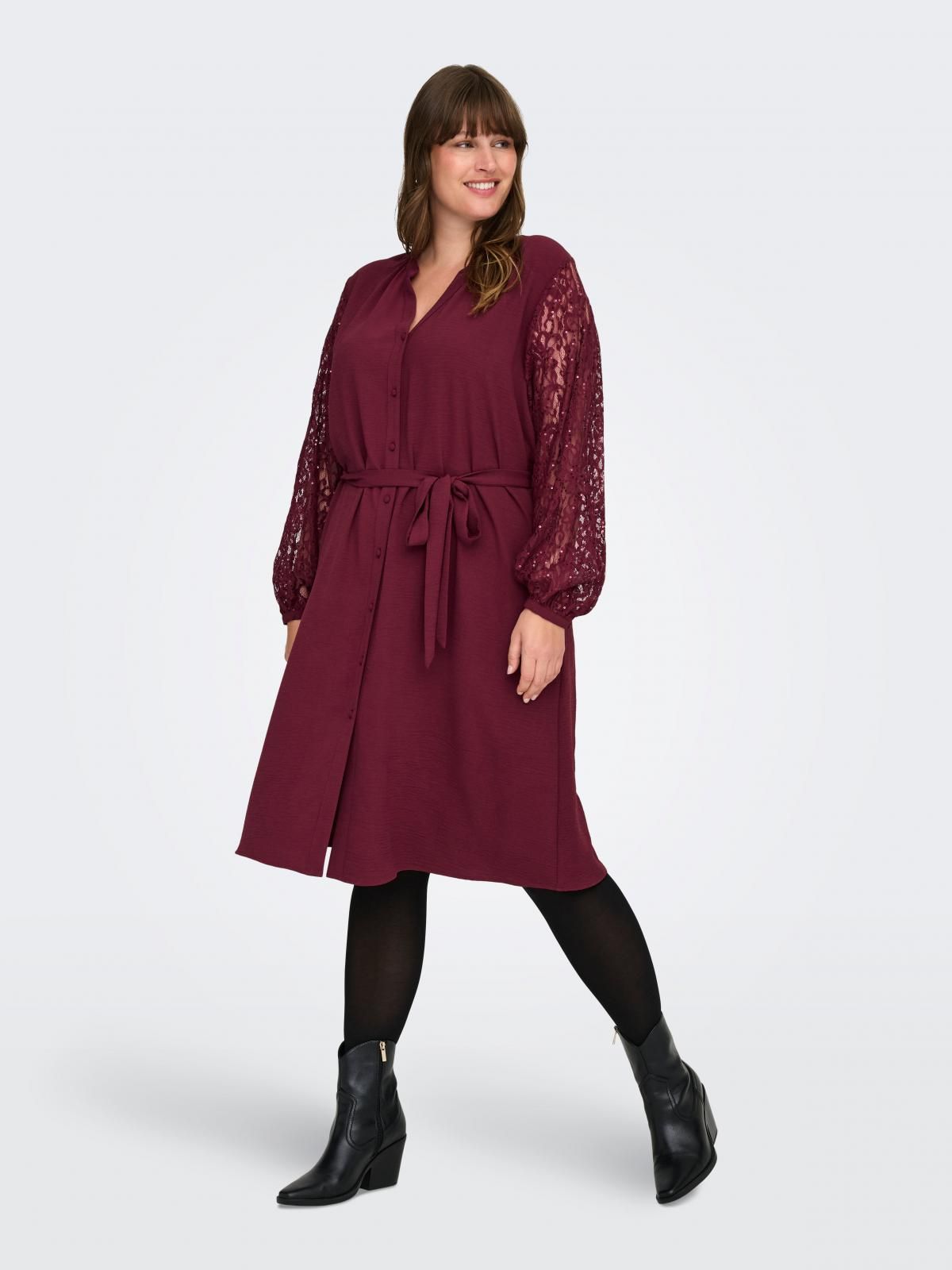 온리 빅사이즈 레이스 브이넥 벨티드 미디 원피스 15362502_1014 PURPLE / ZINFANDEL - 상품 이미지