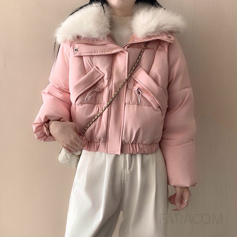 여성 루즈핏 탈착 퍼카라 크롭 숏패딩 점퍼 따뜻한 솜 패딩 아우터 오버핏 데일리 코디 겨울점퍼 - 상세 이미지 3