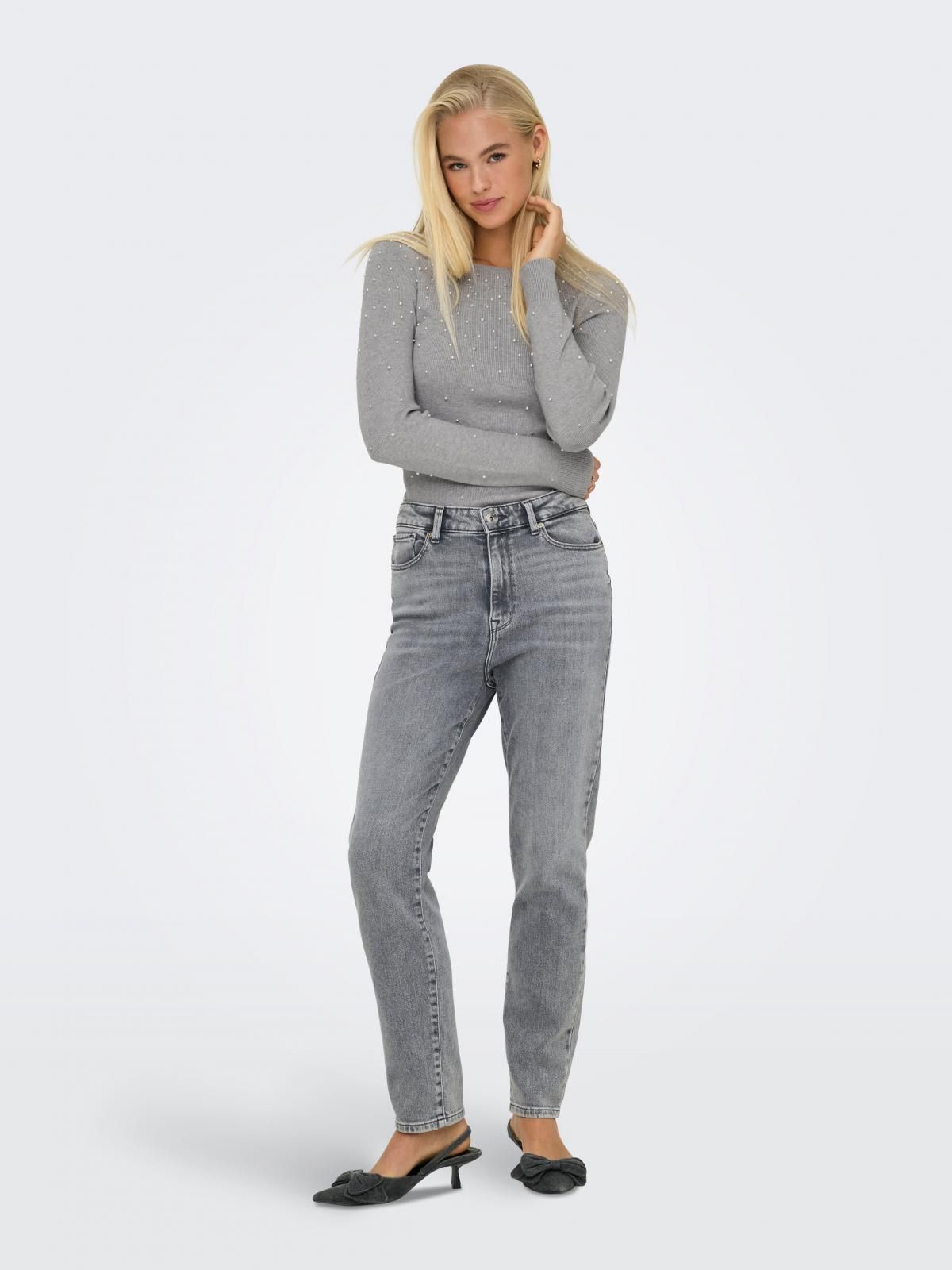 온리 진주장식 라운드넥 긴팔 니트 탑 15346656_2381_1181542 GREY / LIGHT GREY MELANGE - 상세 이미지 5