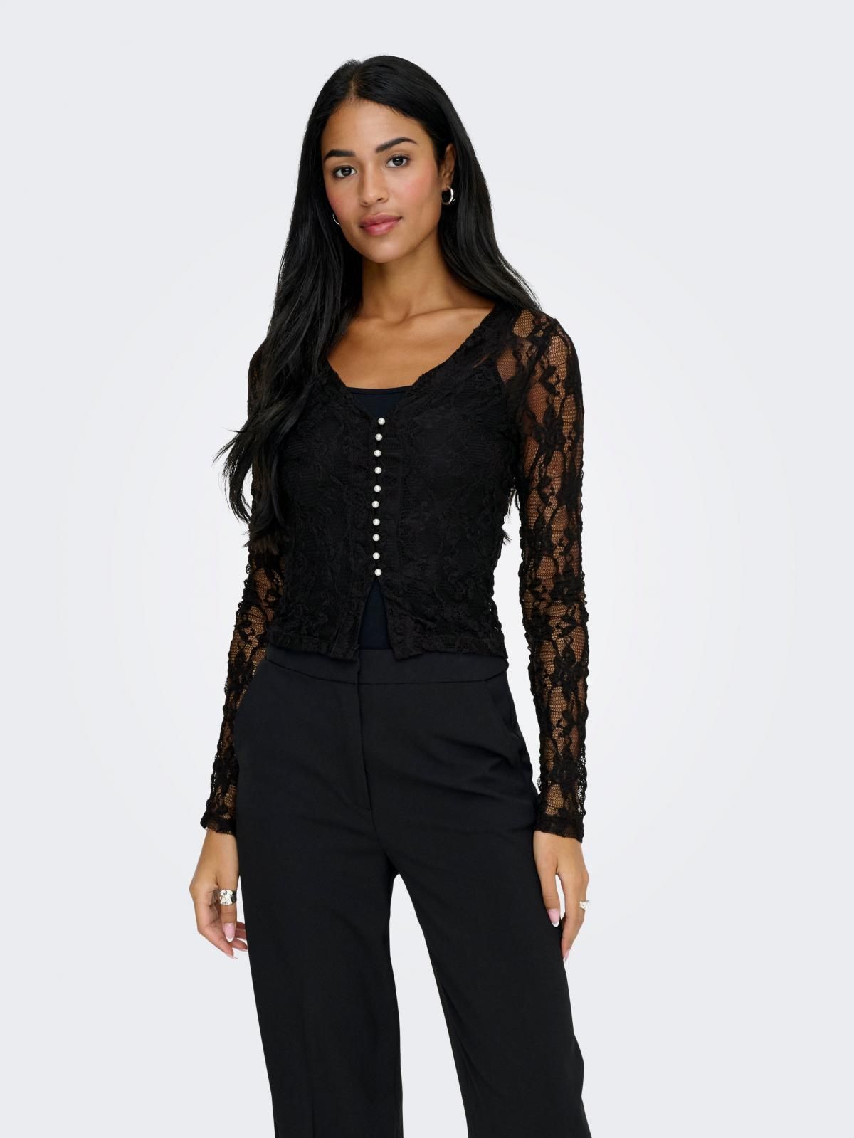 온리 레이스 브이넥 크롭 버튼 디테일 가디건 15363757_2161 BLACK / BLACK - 상품 이미지