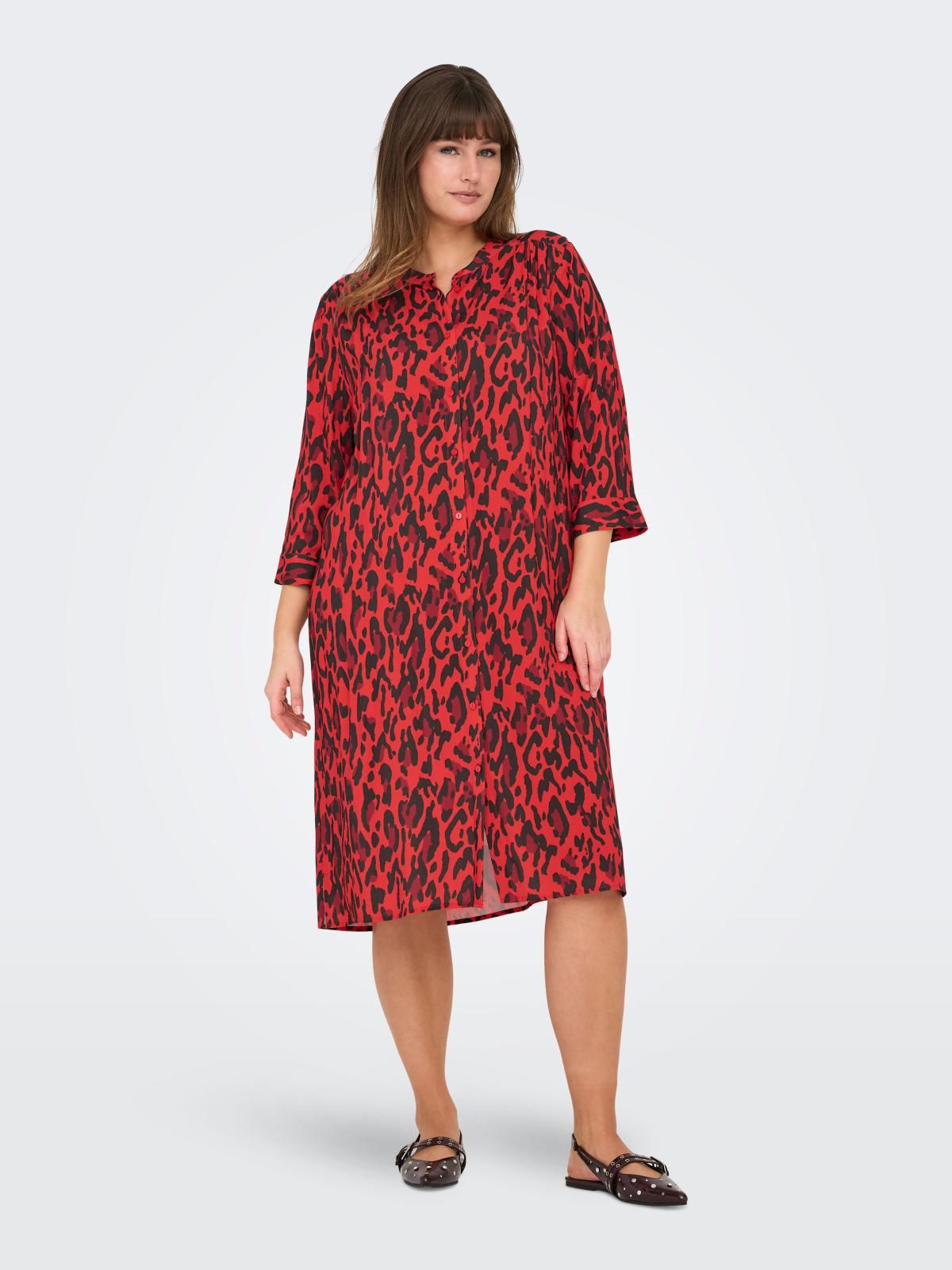 온리 빅사이즈 레오파드 패턴 미디 셔츠 원피스 15349437_753_1191647 RED / POPPY RED - 상품 이미지