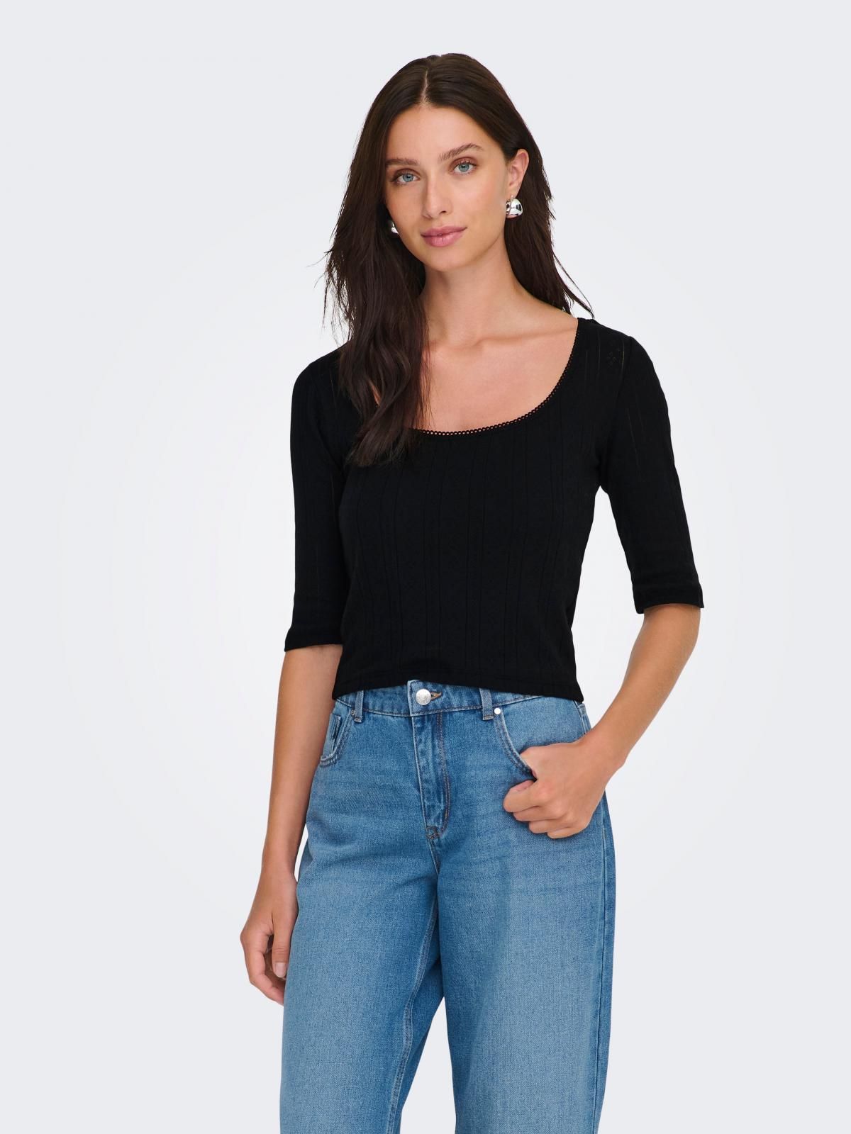 온리 베이직 스퀘어넥 크롭 반팔 티셔츠 15367593_2161 BLACK / BLACK - 상품 이미지