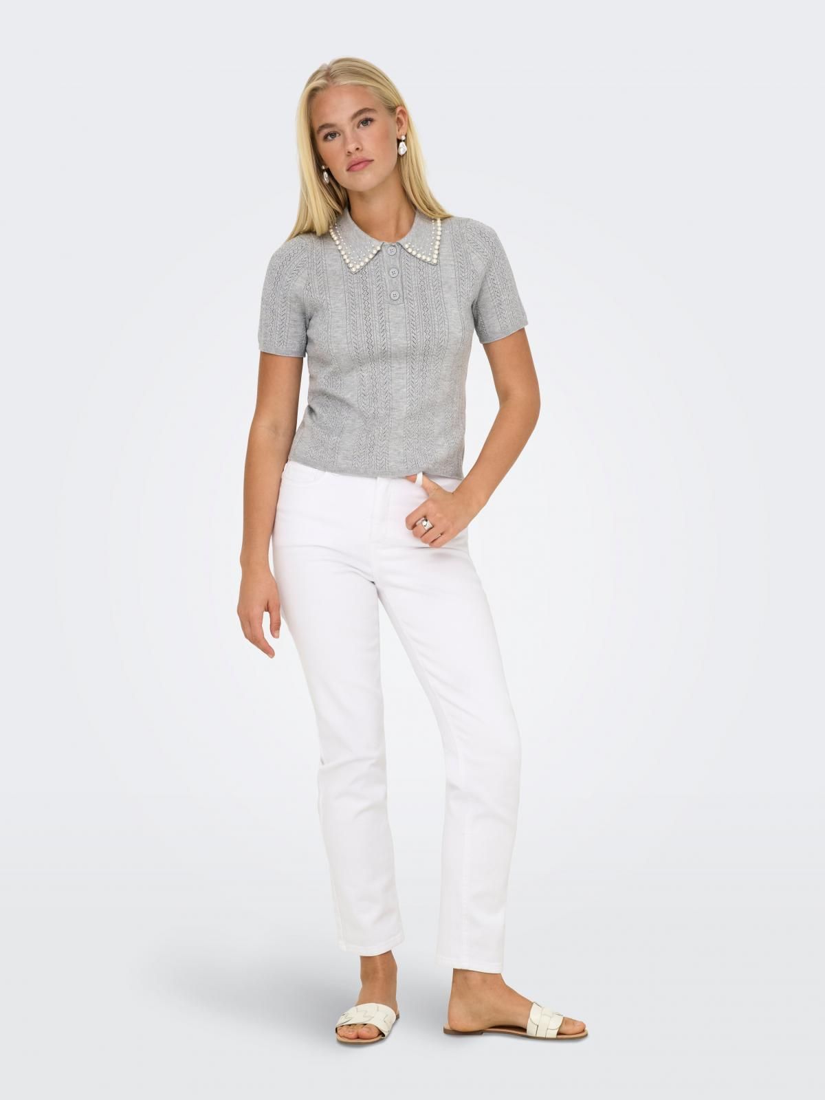 온리 진주카라 반팔 폴로 니트 탑 15357340_2381 GREY / LIGHT GREY MELANGE - 상세 이미지 5