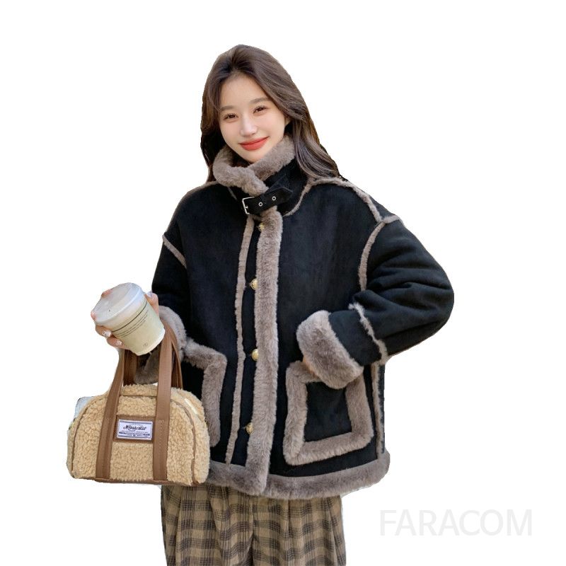 여성 겨울 도톰 따뜻한 하이넥 무스탕 양털 퍼자켓 항공 점퍼 방한 오버핏 캐주얼 벨티드 카라 아우터 자켓 코트 - 상세 이미지 5