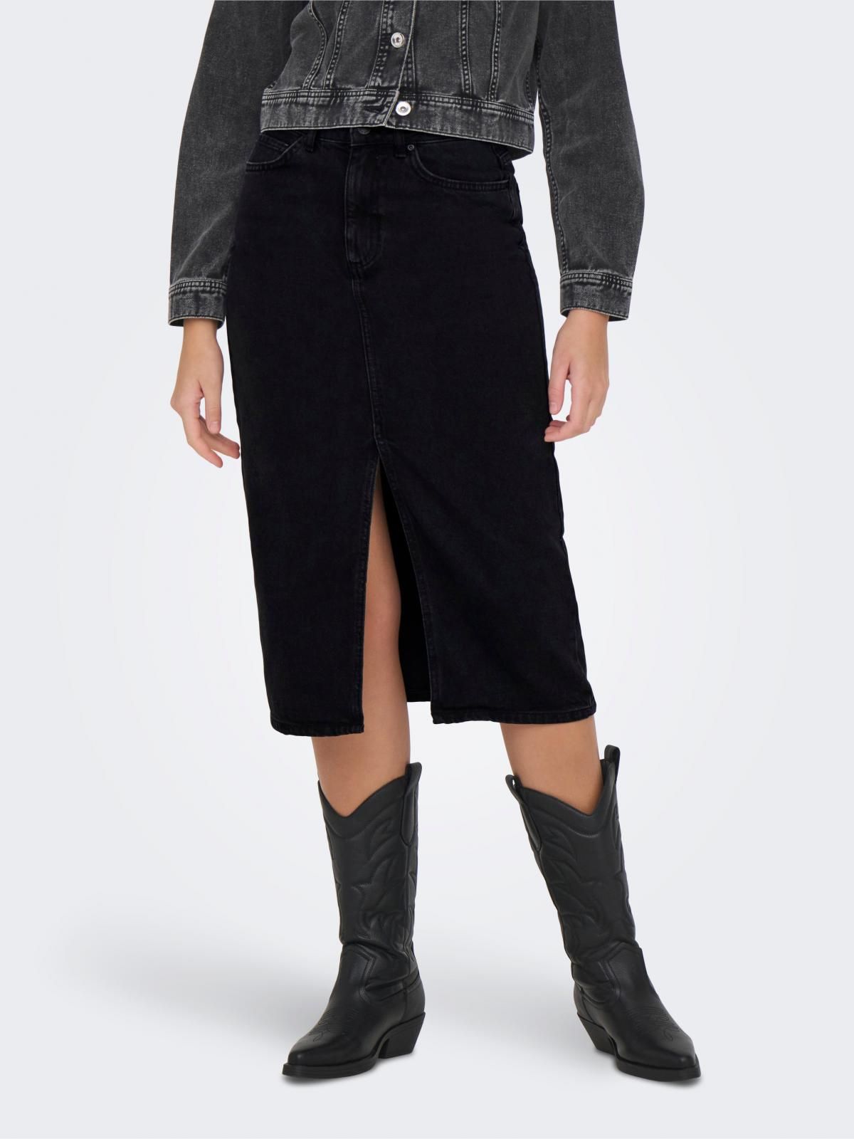 온리 블랙 데님 미디 스커트 슬릿 15319268_8183 BLACK / WASHED BLACK - 상품 이미지