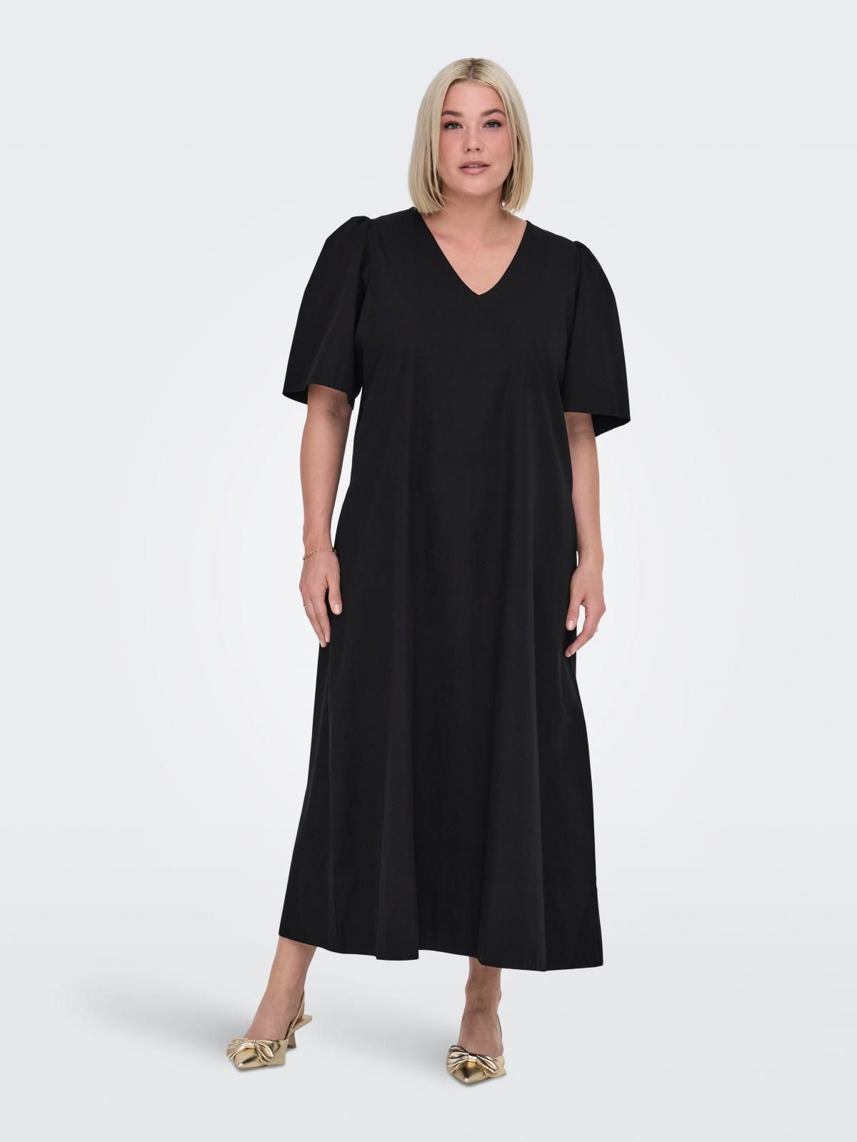 온리 빅사이즈 코튼 브이넥 퍼프 롱 원피스 15355428_2161 BLACK / BLACK - 상품 이미지