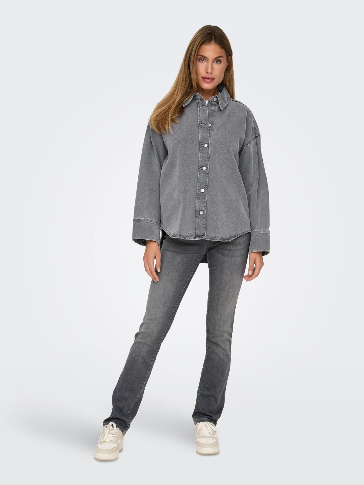 온리 오버핏 데님 긴팔 셔츠 캐주얼 코튼 15340611_2105 GREY / MEDIUM GREY DENIM - 상세 이미지 5