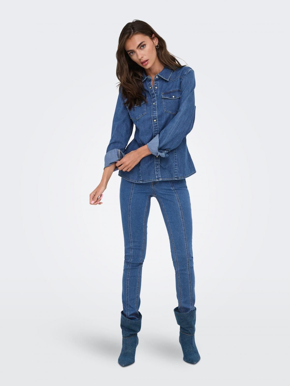 온리 테크니컬 데님 스티치 긴팔 셔츠 15352339_2114 BLUE / DARK BLUE DENIM - 상세 이미지 5