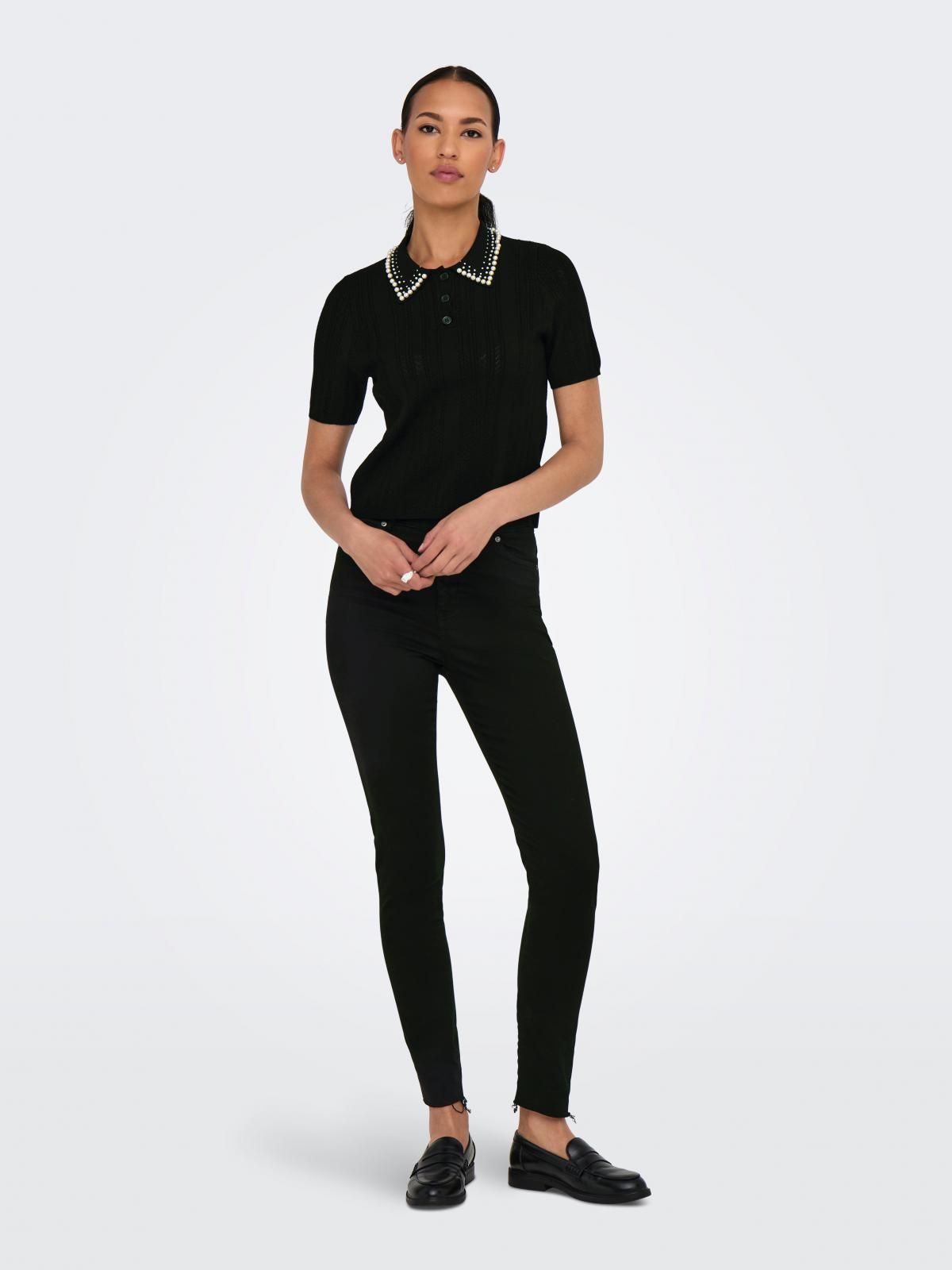 온리 진주장식 블랙 폴로 반팔 니트 탑 15357340_2161 BLACK / BLACK - 상세 이미지 5