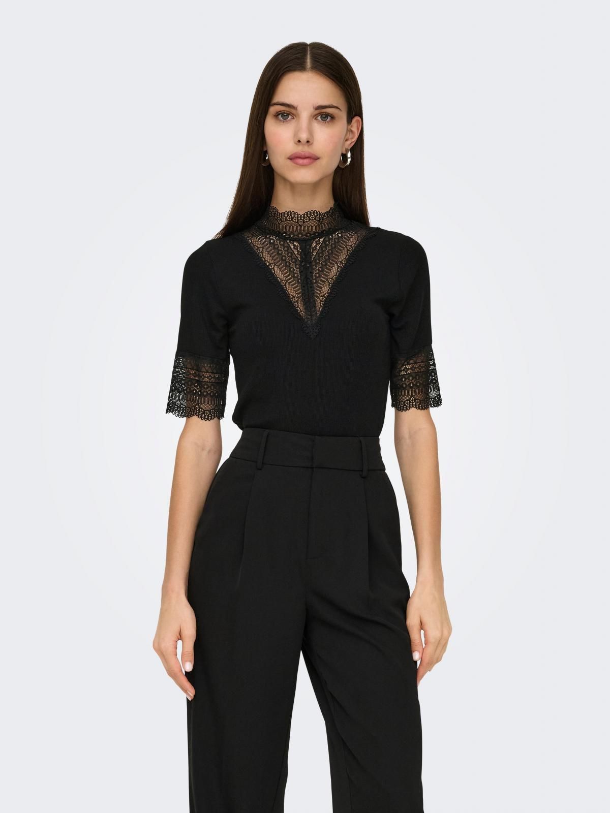 온리 레이스 하이넥 블랙 반팔 블라우스 15335353_2161 BLACK / BLACK - 상세 이미지 2
