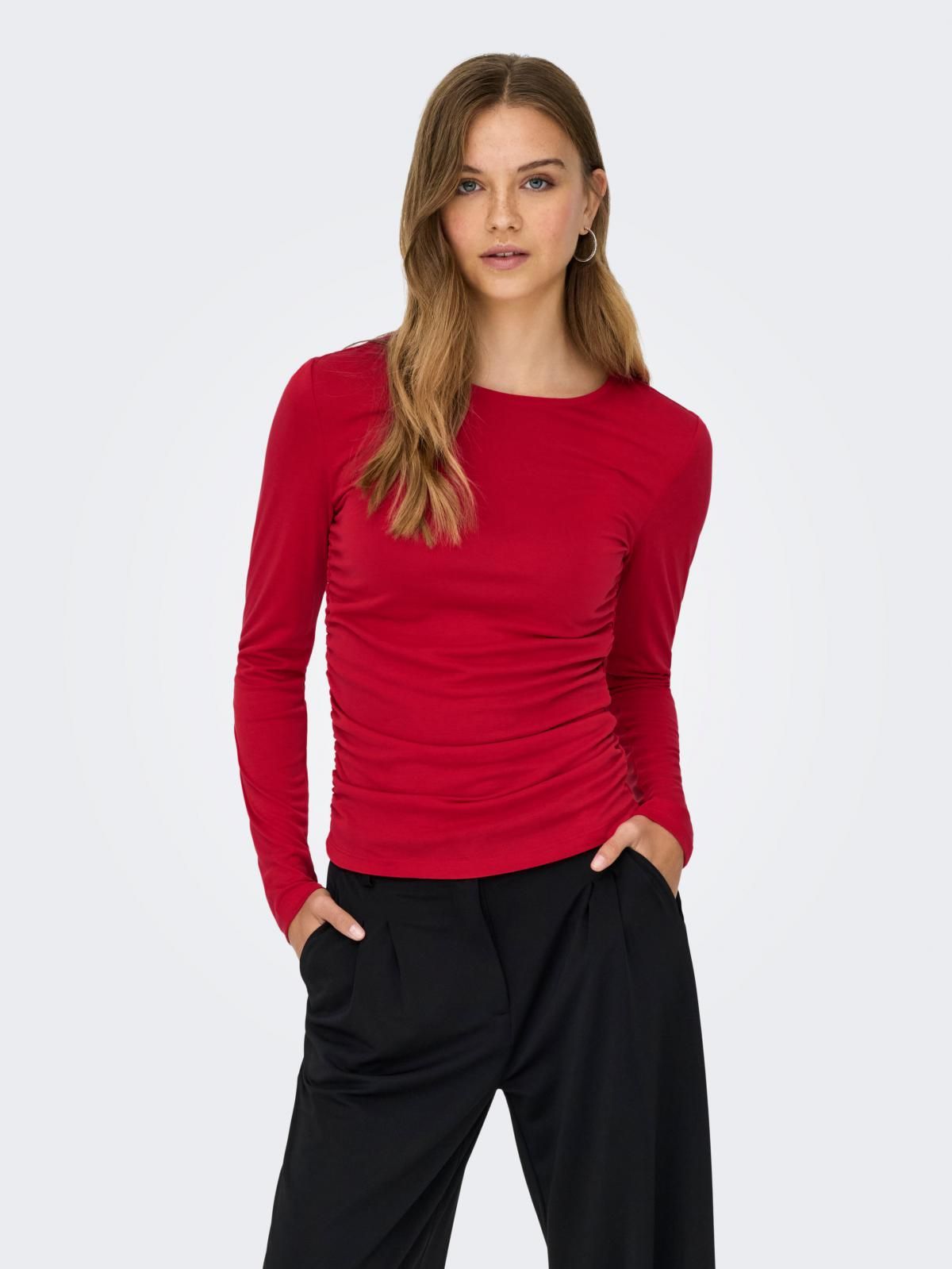 온리 베이직 주름 라운드넥 긴팔 티셔츠 15365605_2023 RED / SALSA - 상품 이미지