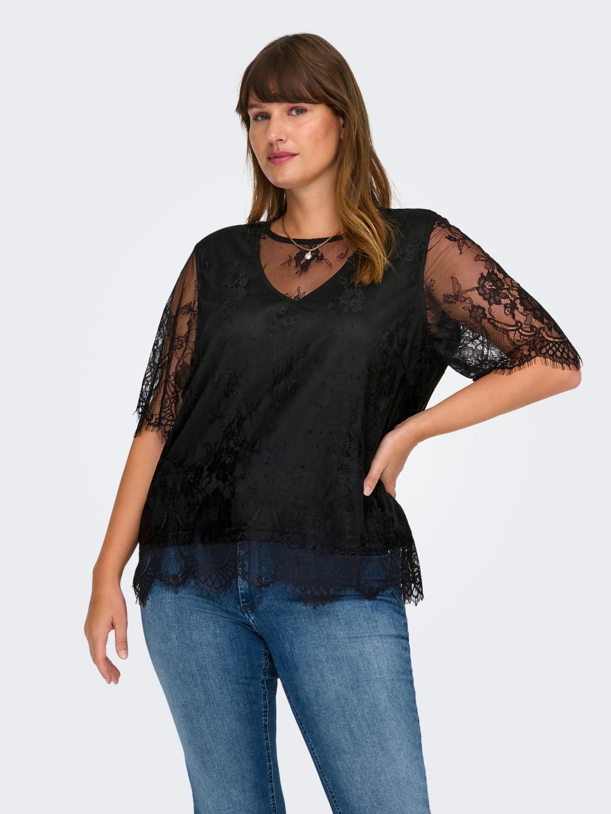 온리 빅사이즈 레이스 하이넥 탑 15344804_2161 BLACK / BLACK - 상품 이미지