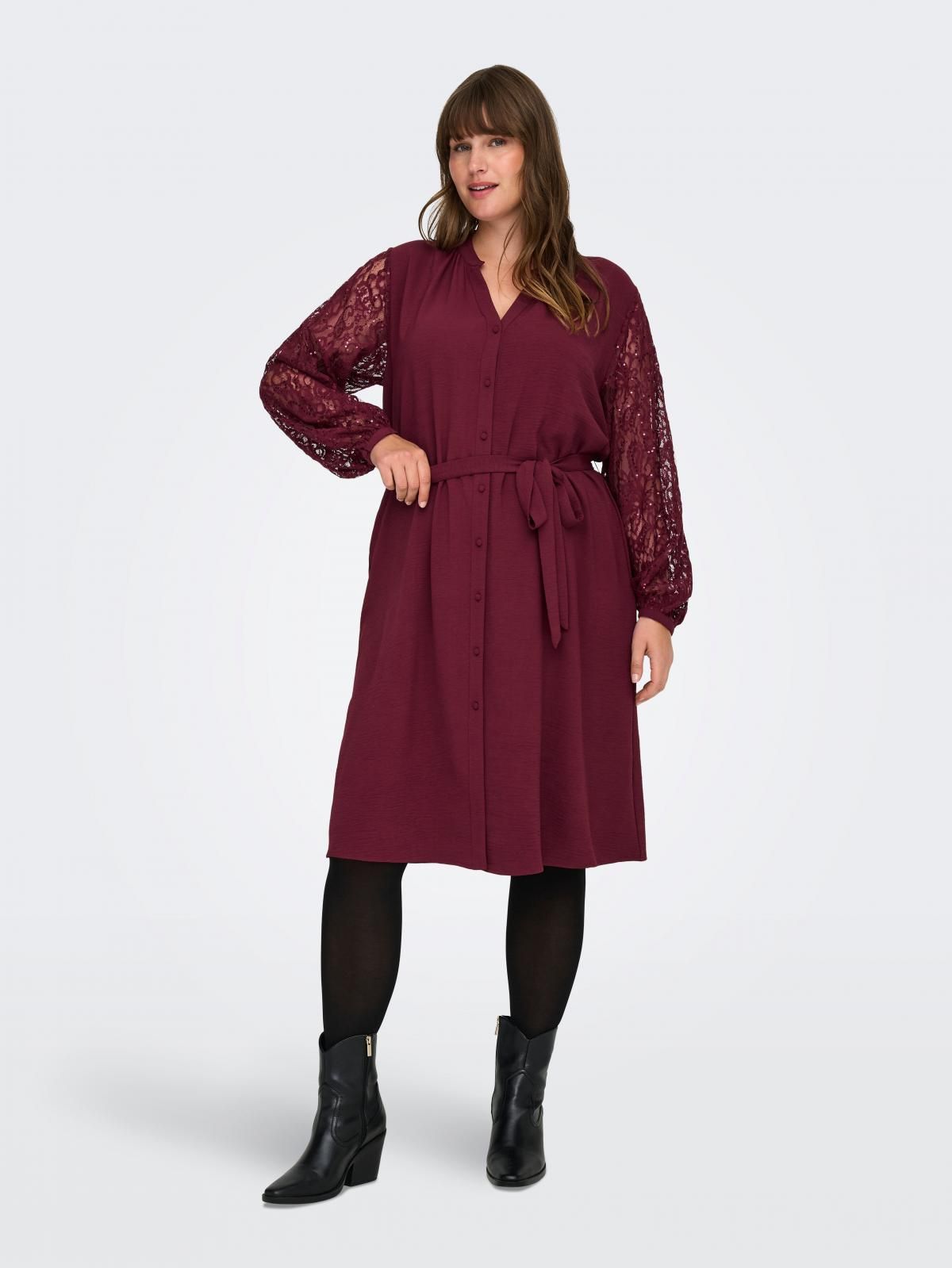 온리 빅사이즈 레이스 브이넥 벨티드 미디 원피스 15362502_1014 PURPLE / ZINFANDEL - 상세 이미지 5