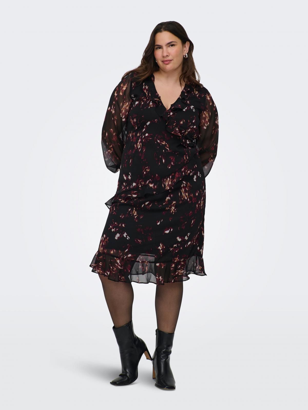 온리 빅사이즈 쉬폰 프릴 랩 미디 원피스 15358747_2161_1223373 BLACK / BLACK - 상세 이미지 5