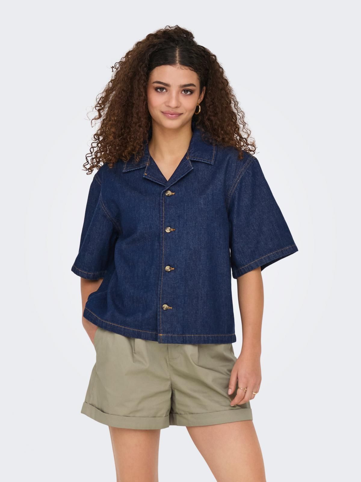 온리 데님 루즈핏 반팔 셔츠 15344418_2114_1182375 BLUE / DARK BLUE DENIM - 상품 이미지
