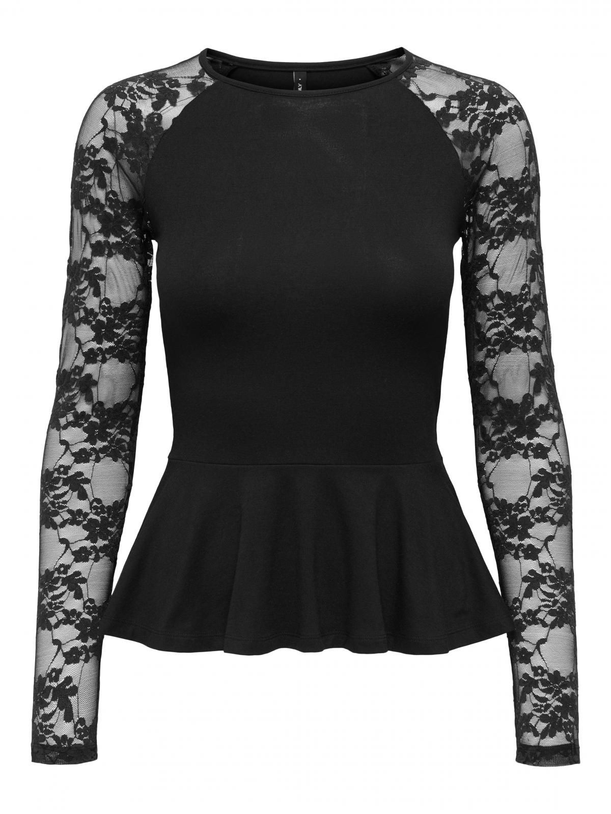 온리 레이스 페플럼 라운드넥 긴팔 블라우스 15366965_2161 BLACK / BLACK - 상세 이미지 3