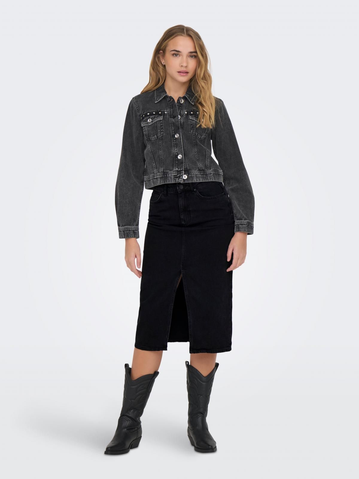 온리 블랙 데님 미디 스커트 슬릿 15319268_8183 BLACK / WASHED BLACK - 상세 이미지 5