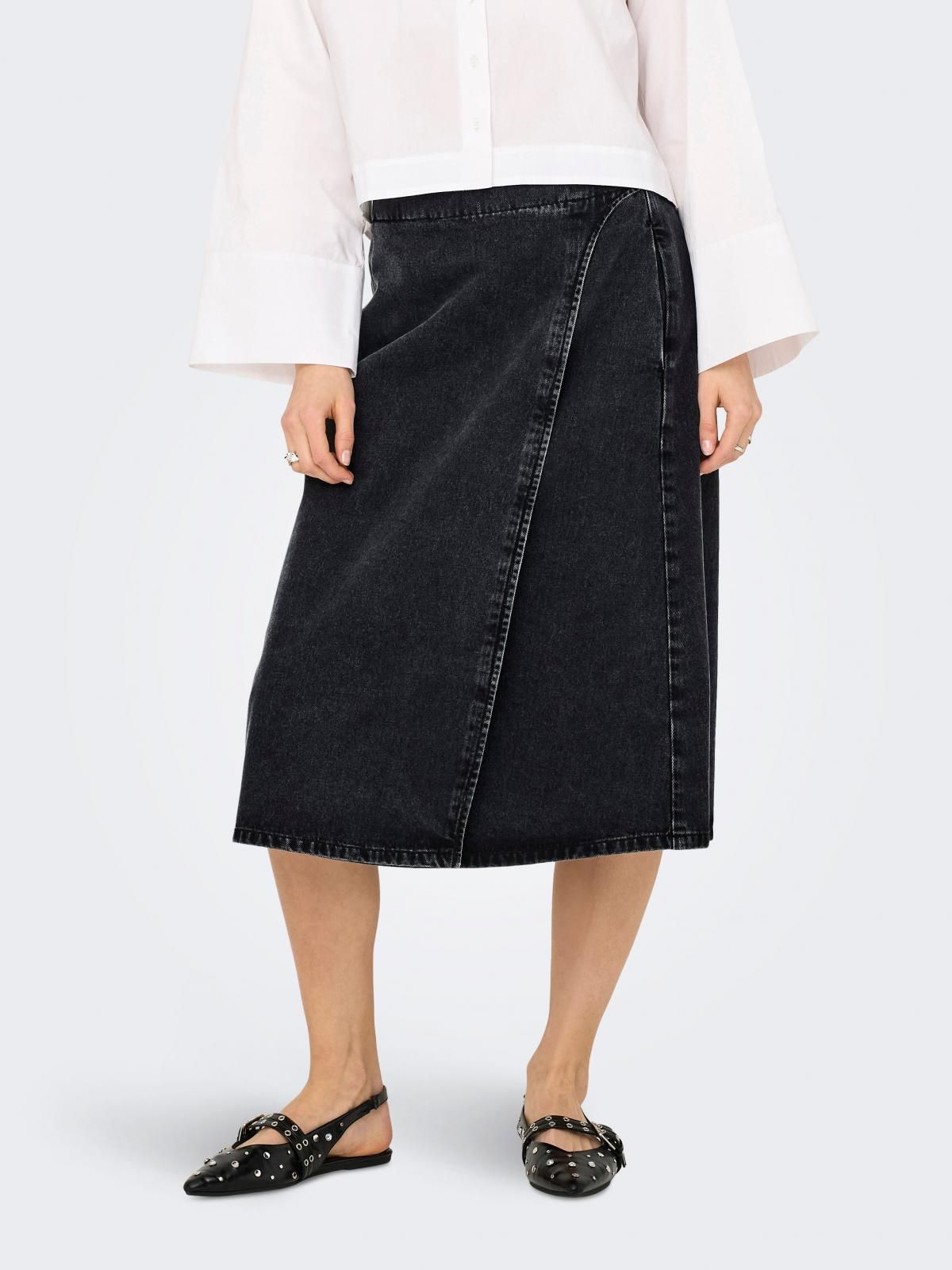 온리 데님 랩 미디 스커트 밴딩 15350339_8183 BLACK / WASHED BLACK - 상품 이미지