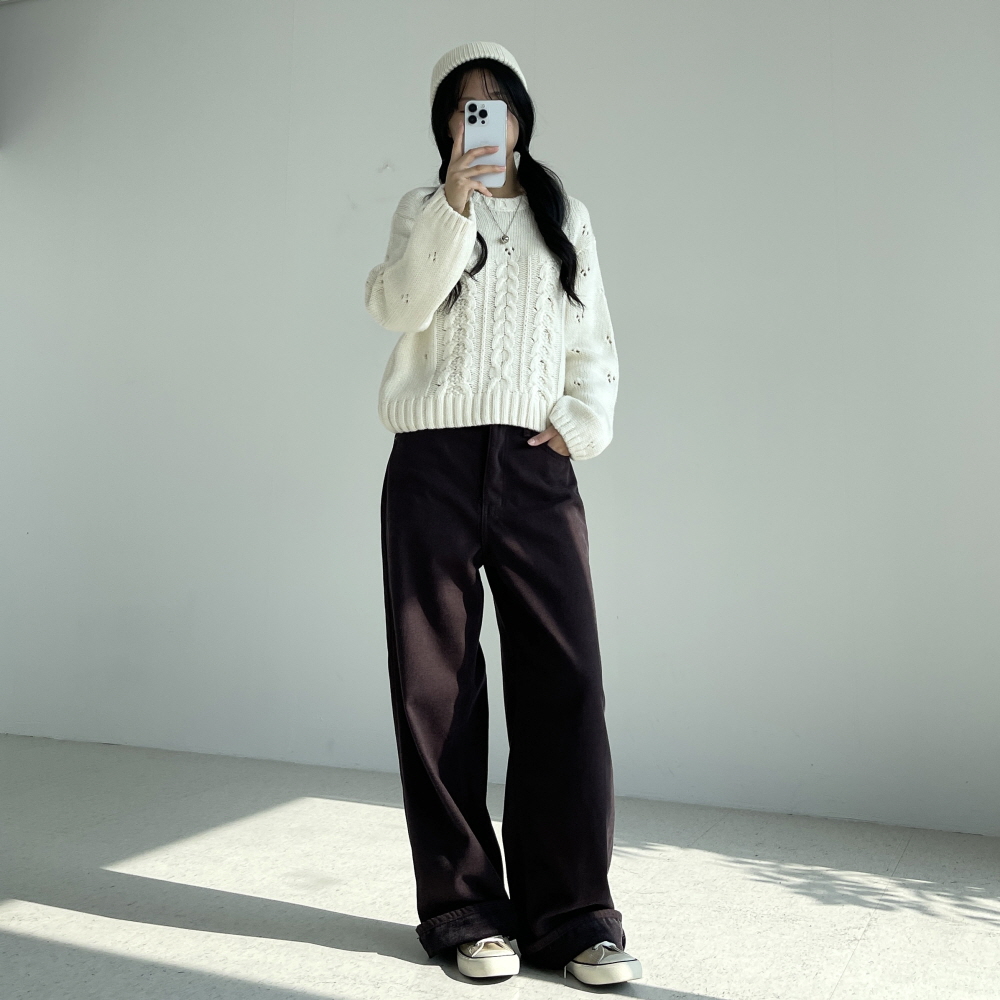 벨벳바지 기모와이드팬츠 여성 겨울 브라운 블랙 벨로아 융기모 면 통바지 벨루밍 코튼팬츠 - 상세 이미지 5