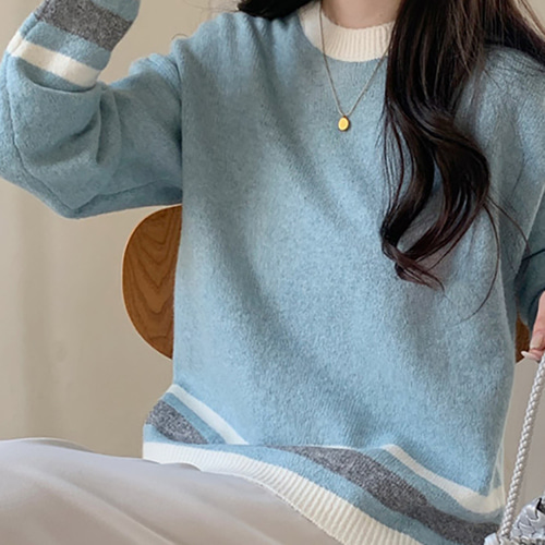 (YY) 심플 여성 라운드넥 니트탑 루즈핏 배색 티셔츠 베이직 러블리 캐주얼 데일리룩 - 상세 이미지 4