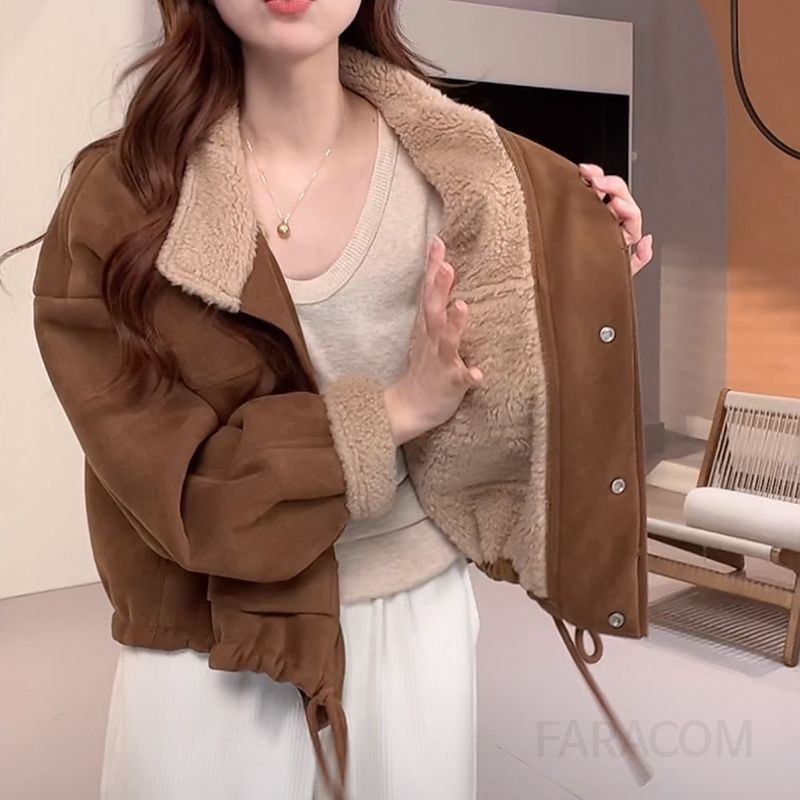 여성 덤블 퍼 카라 무스탕 스웨이드 항공 점퍼 루즈핏 도톰한 겨울 양털 안감 자켓 데일리 아우터 가을 - 상품 이미지