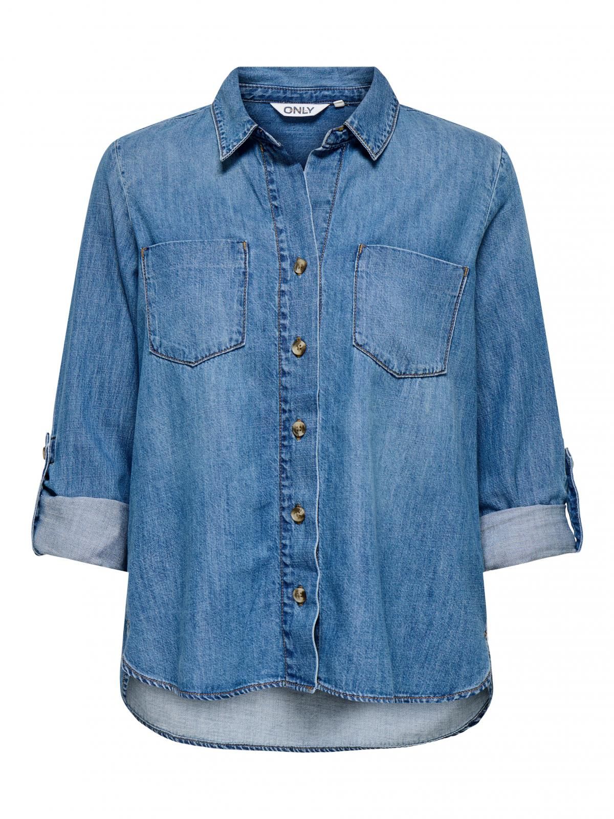 온리 포켓 롤업 소매 데님 셔츠 15361370_2115 BLUE / MEDIUM BLUE DENIM - 상세 이미지 3
