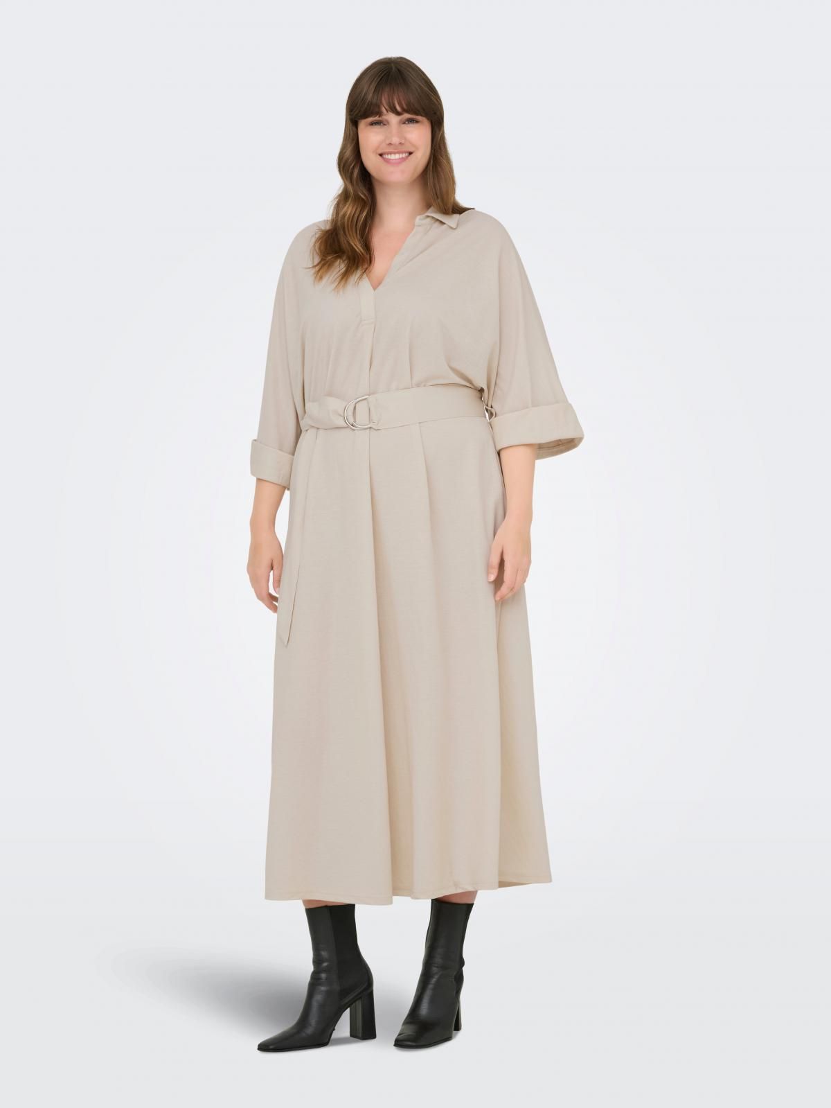 온리 빅사이즈 벨티드 브이넥 미디 원피스 15355586_115 BEIGE / PUMICE STONE - 상품 이미지
