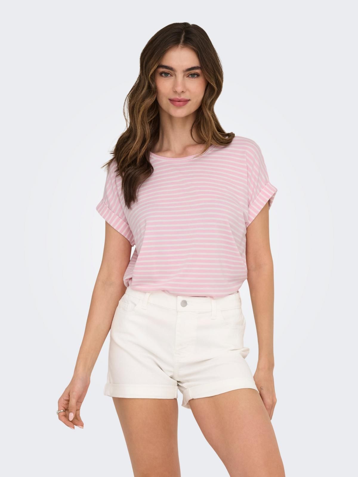온리 스트라이프 라운드넥 반팔 티셔츠 15206243_808_780590 PURPLE / PINK LADY - 상품 이미지