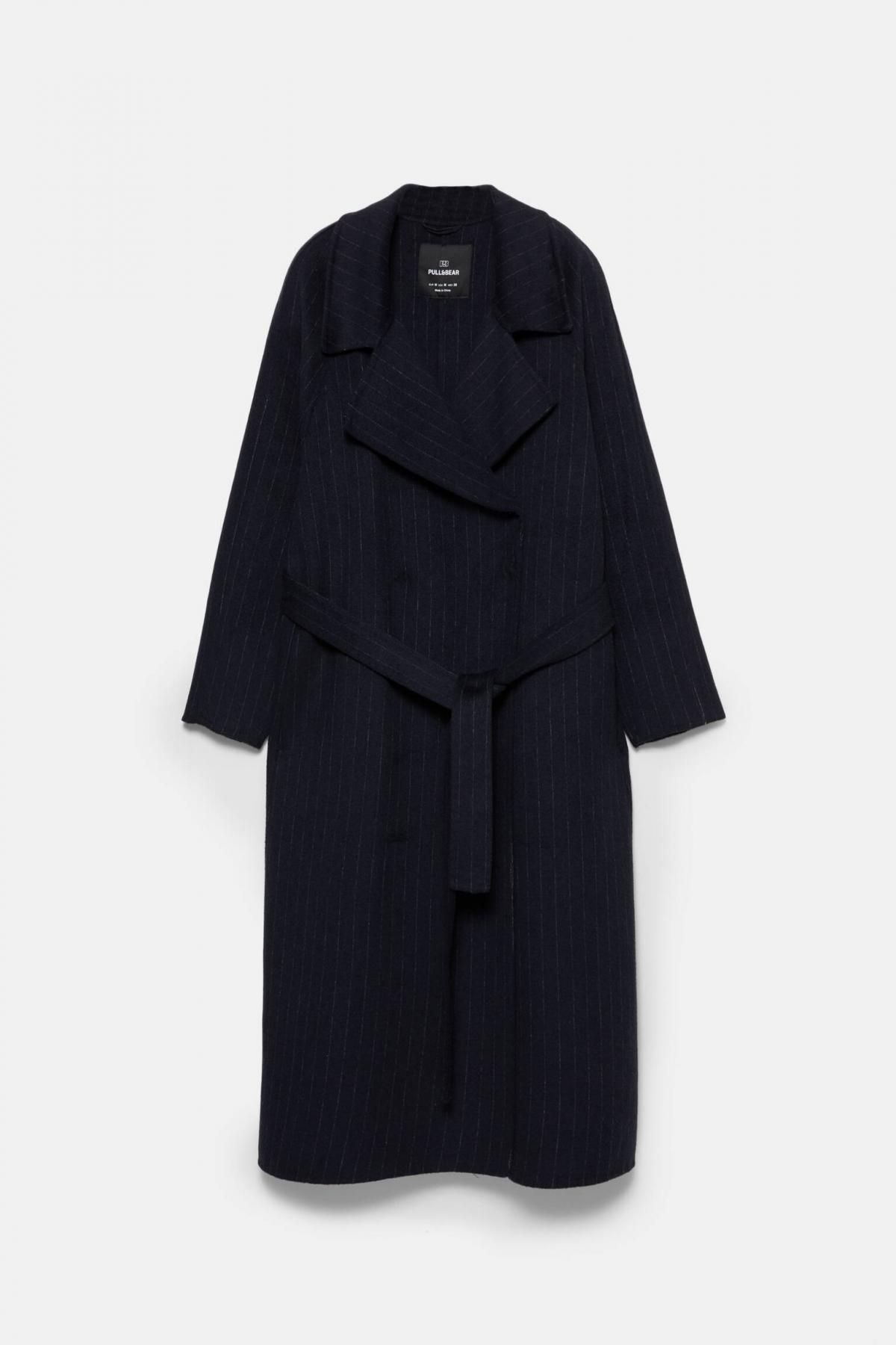 풀앤베어 오버핏 핀스트라이프 벨트 롱코트 7800/365 NAVY - 상품 이미지