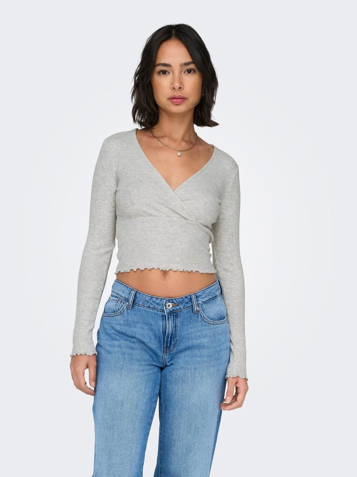 온리 크롭 브이넥 랩 티셔츠 소프트 러플 15338555_2381 GREY / LIGHT GREY MELANGE - 상품 이미지