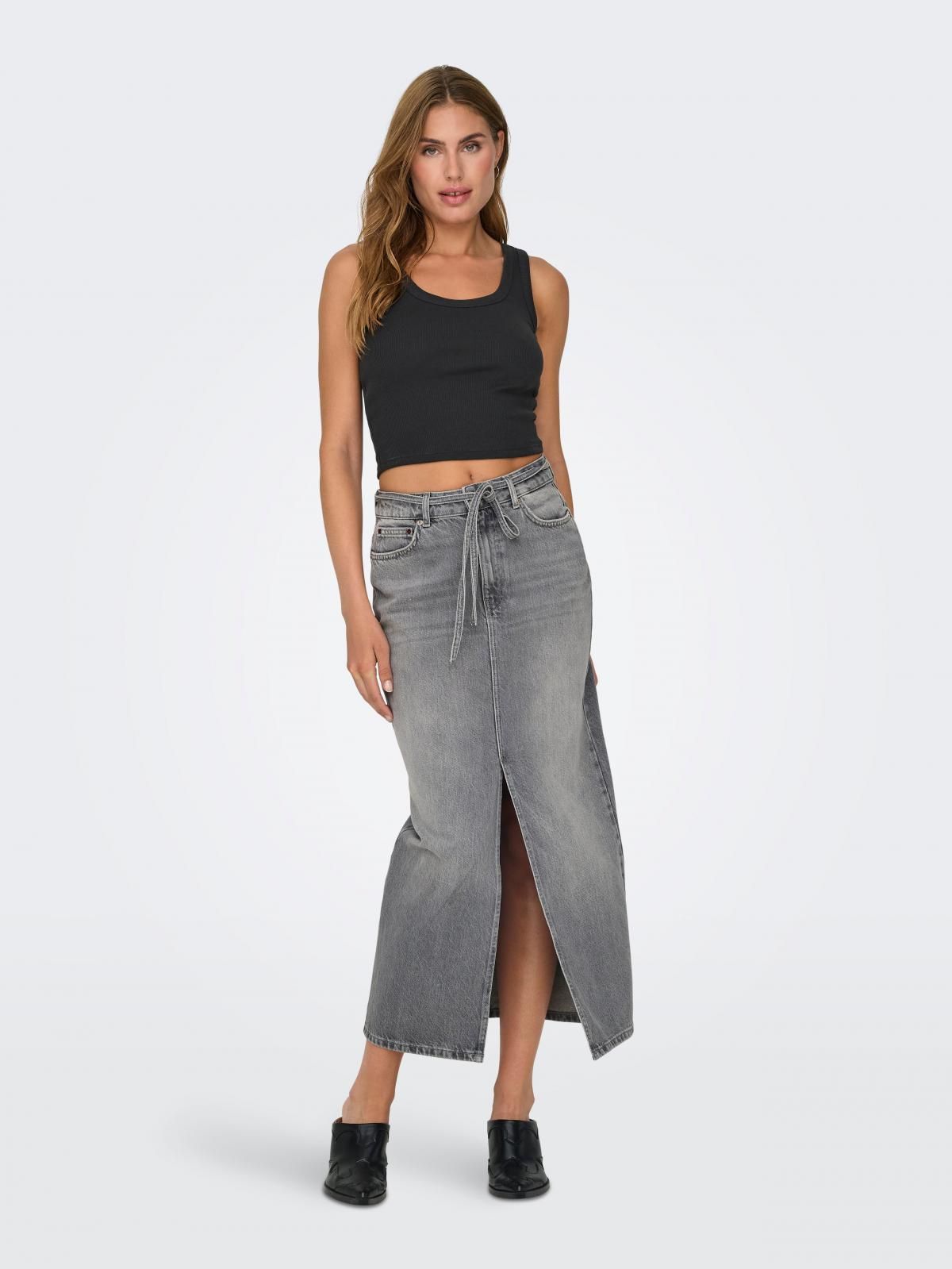 온리 데님 미디 스커트 프론트슬릿 백포켓 15340707_2105 GREY / MEDIUM GREY DENIM - 상세 이미지 5