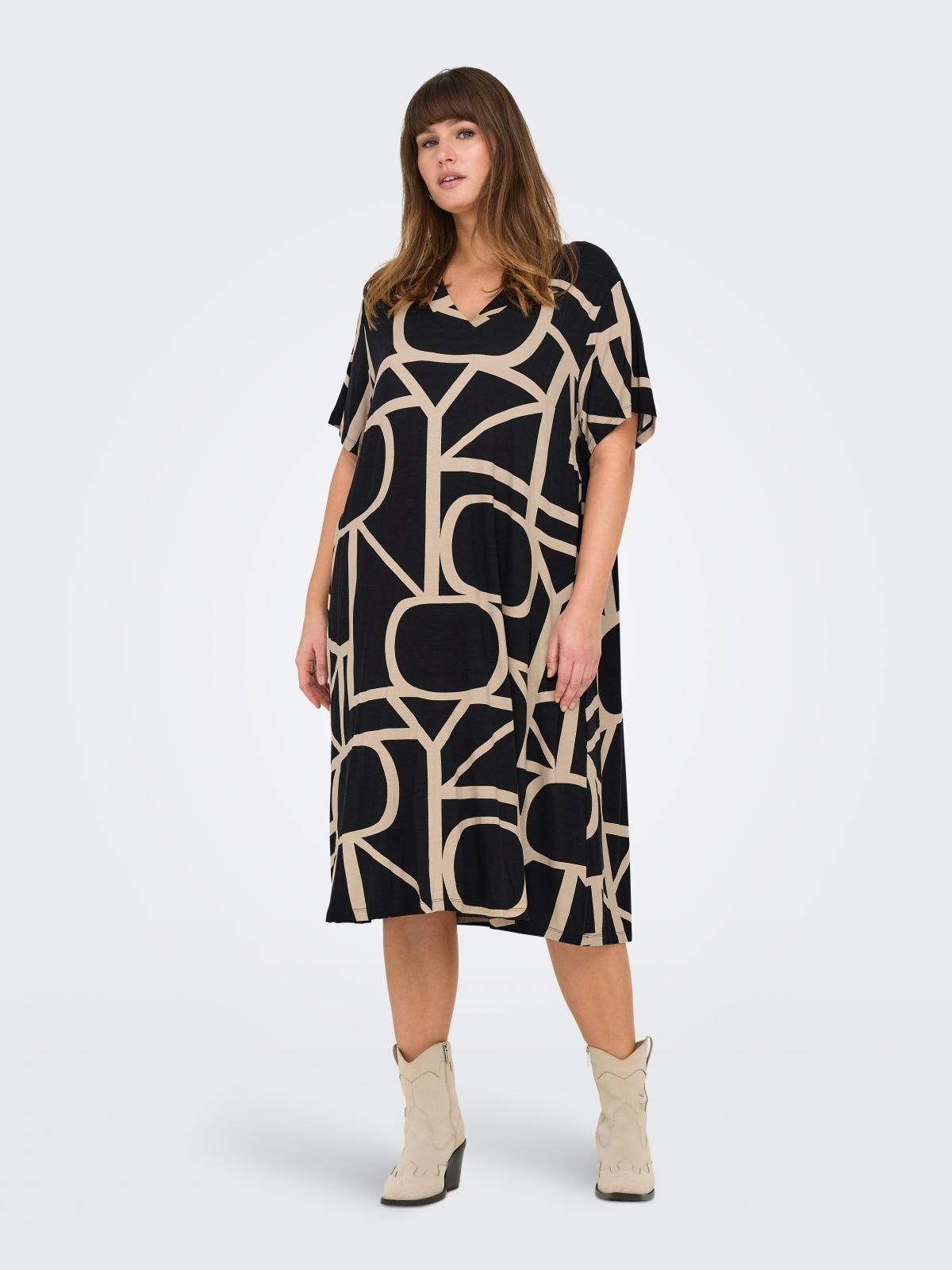온리 빅사이즈 프린트 미디 원피스 브이넥 15295477_2161_1109880 BLACK / BLACK - 상세 이미지 5