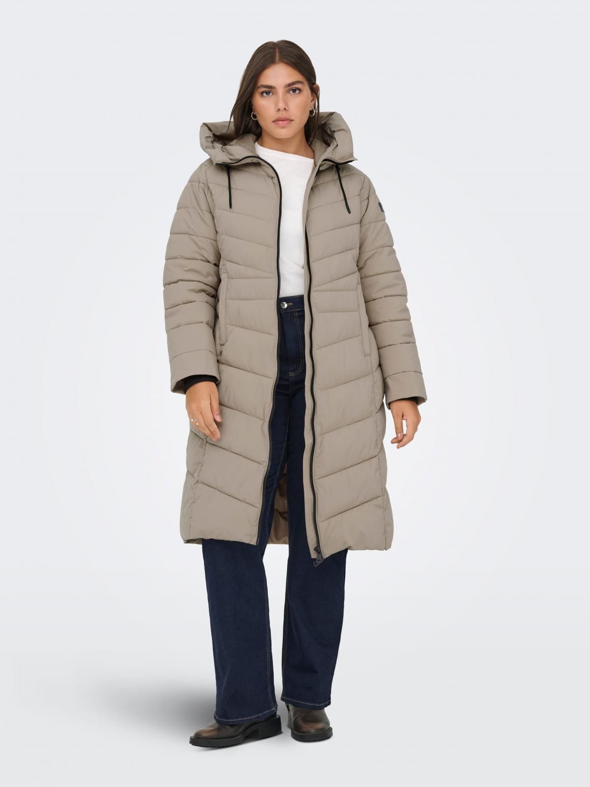 온리 테크니컬 퀼팅 롱 코트 후드 15354594_111 BROWN / SILVER MINK - 상품 이미지