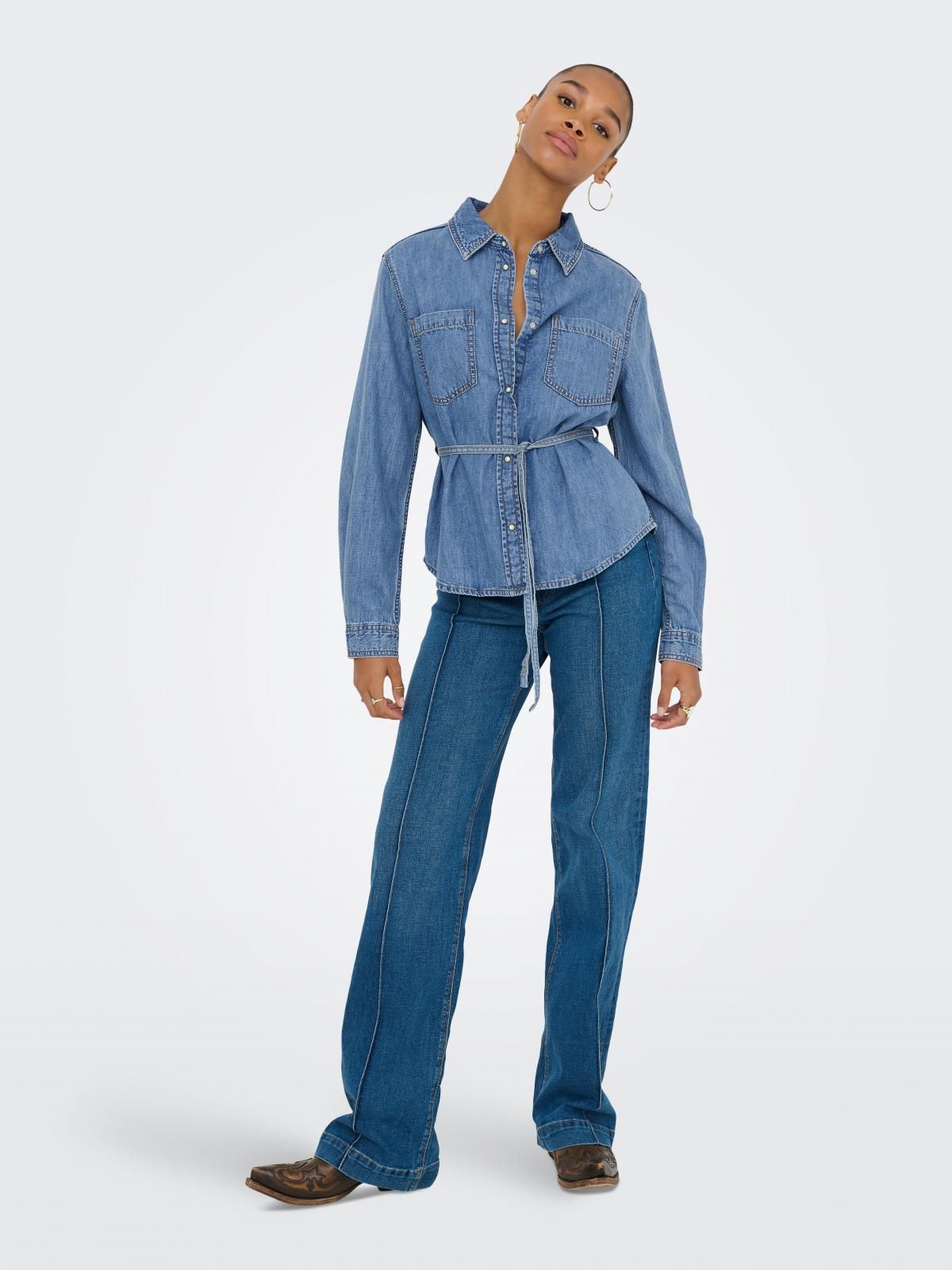 온리 트렌디 데님 셔츠 스트링 벨트 15352397_2115 BLUE / MEDIUM BLUE DENIM - 상세 이미지 5