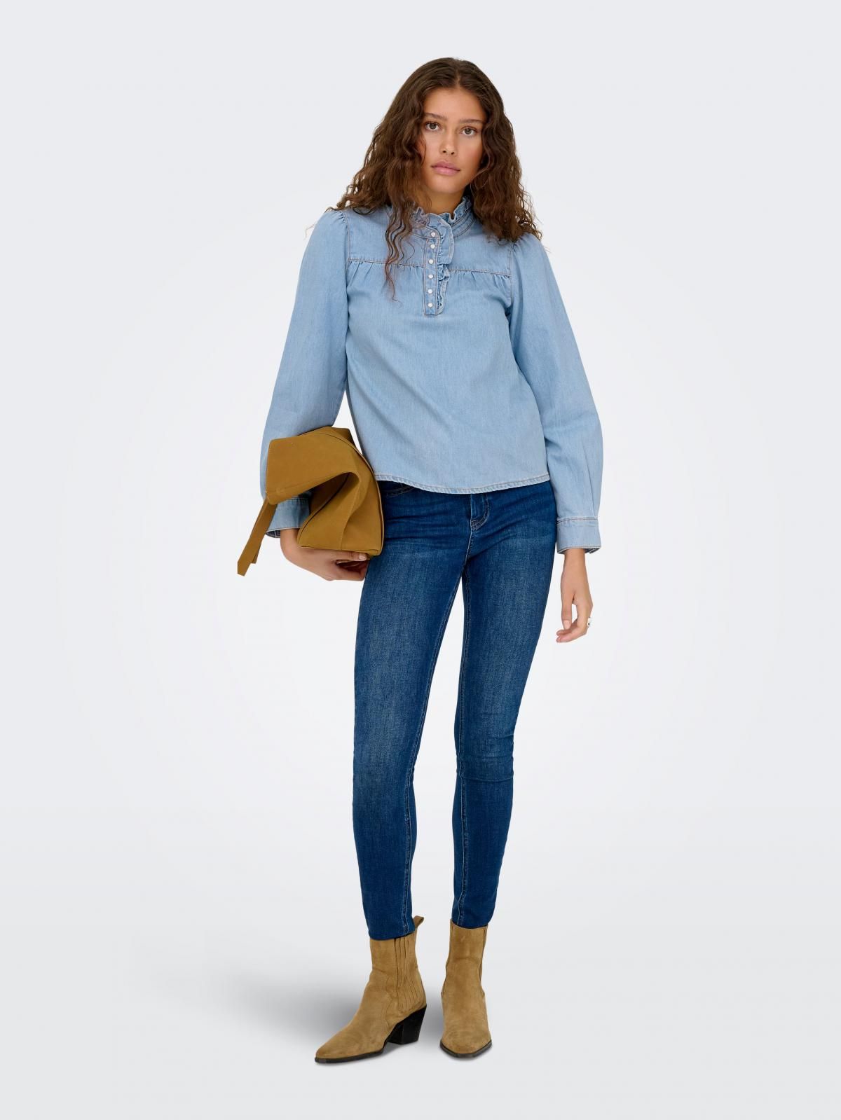 온리 데님 프릴넥 볼륨소매 긴팔셔츠 15360323_2116 BLUE / LIGHT BLUE DENIM - 상세 이미지 5
