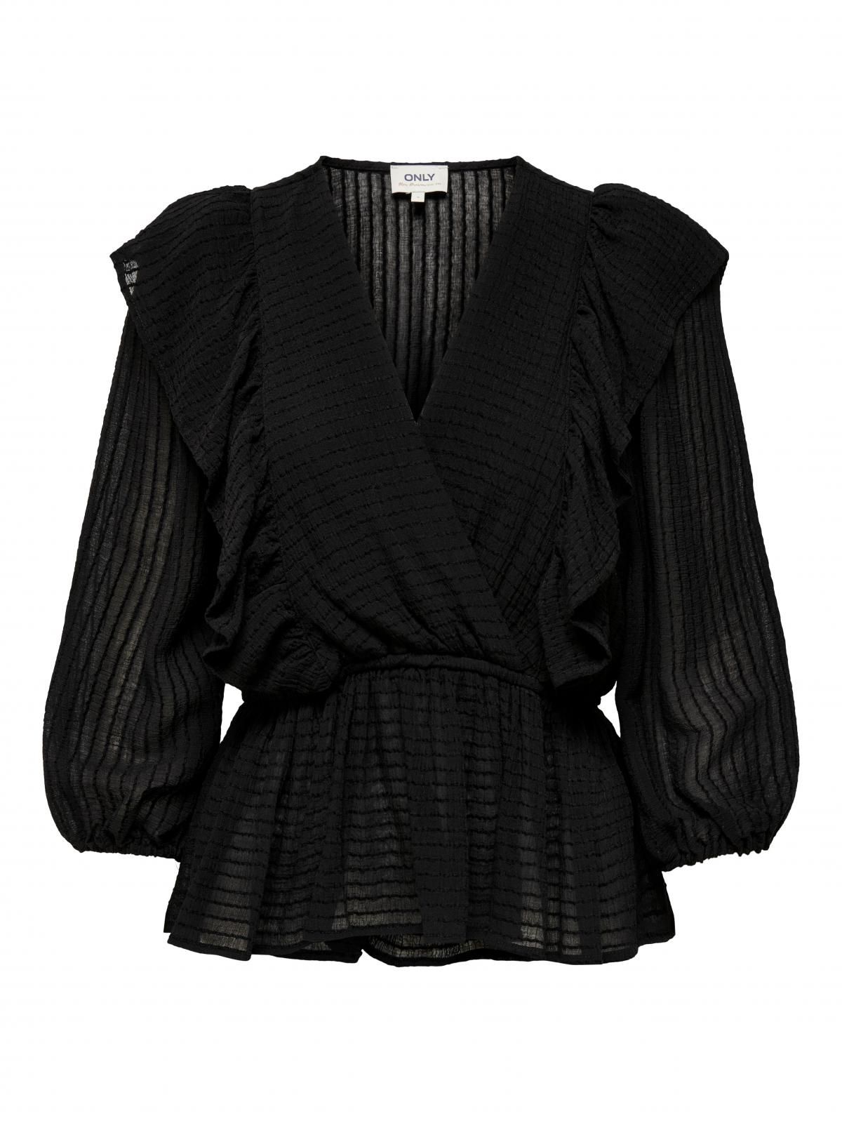 온리 페미닌 러플 V넥 볼륨소매 블라우스 15239286_2161 BLACK / BLACK - 상세 이미지 3