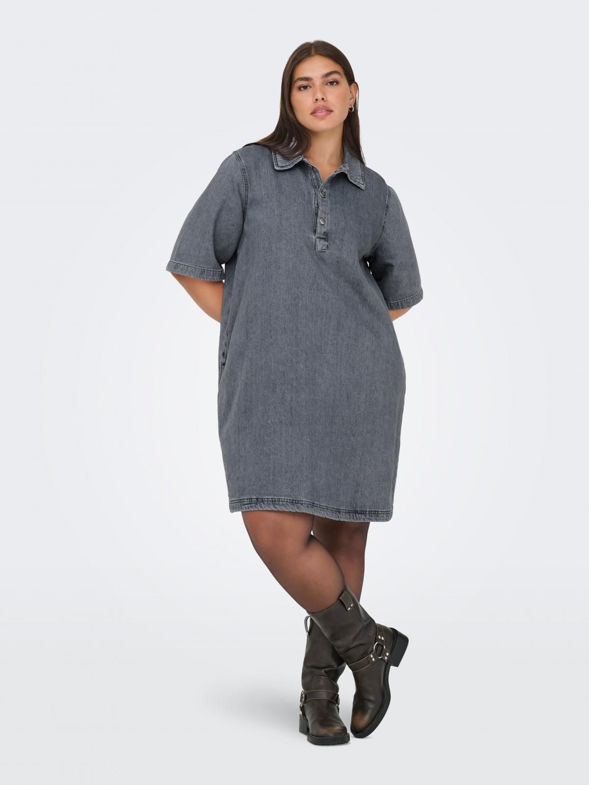 온리 빅사이즈 데님 미니 셔츠 원피스 반팔 15354920_2105 GREY / MEDIUM GREY DENIM - 상세 이미지 5