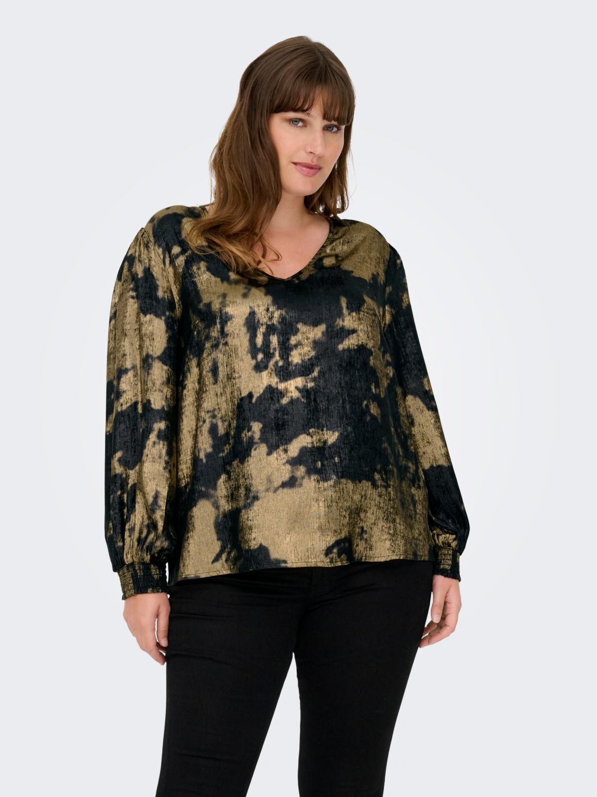 온리 빅사이즈 브이넥 프린트 블라우스 15358852_2161_1223801 BLACK / BLACK - 상품 이미지